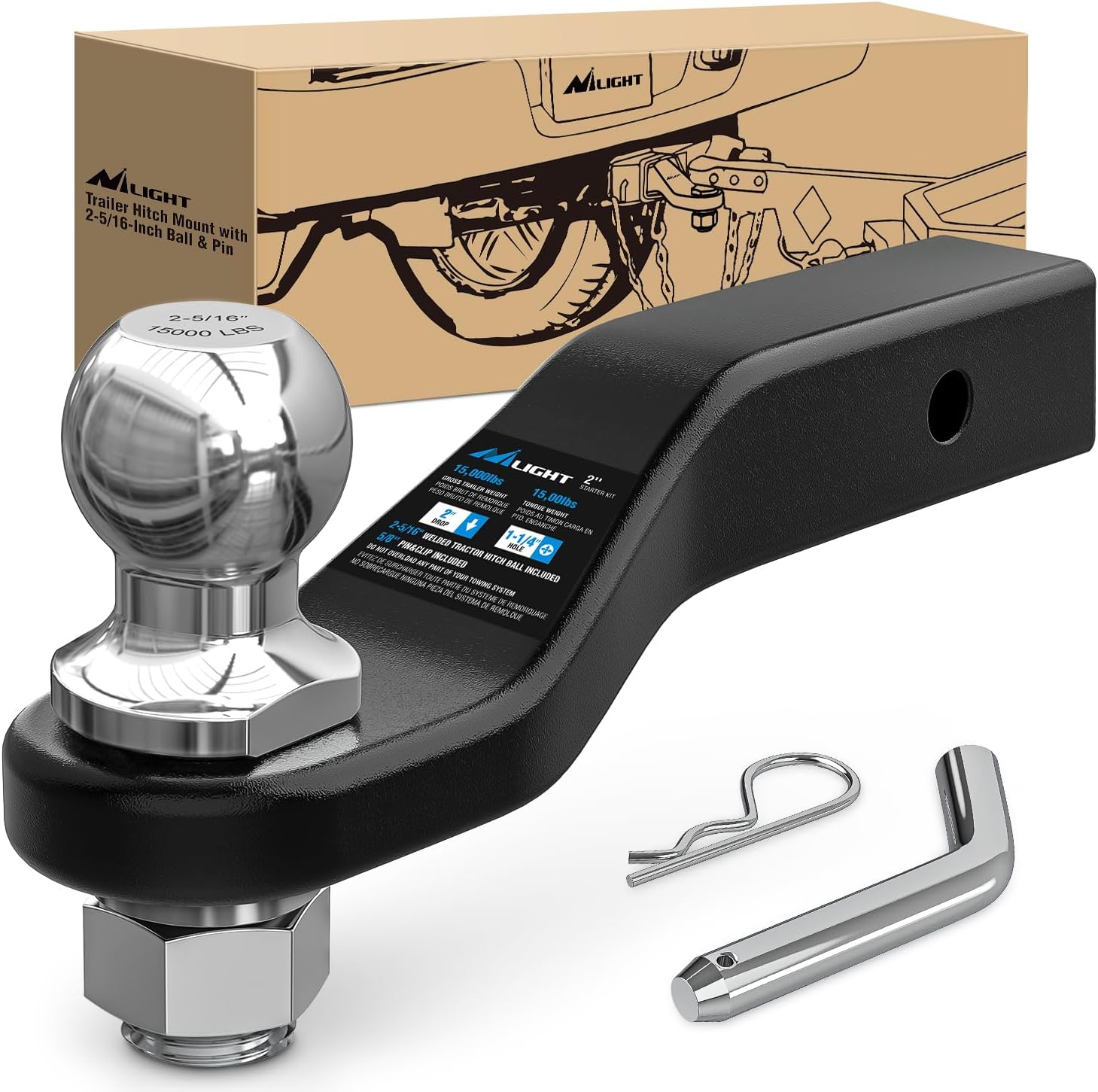Detalle de Nilight Forged Trailer Hitch Ball Mount (2-5/16-Inch Ball) for 2-Inch Receivers, 15000 lbs Capacity, Gloss Black Finish