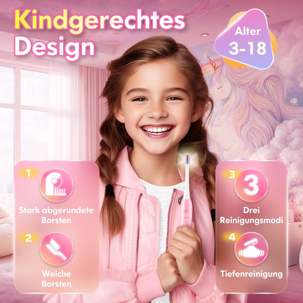 Detalle 2 de Kinder-Schallzahnbürste für 3–12 Jahre: elektrische Zahnbürste Einhorn Neu Rosa mit Timer & 3 Modi