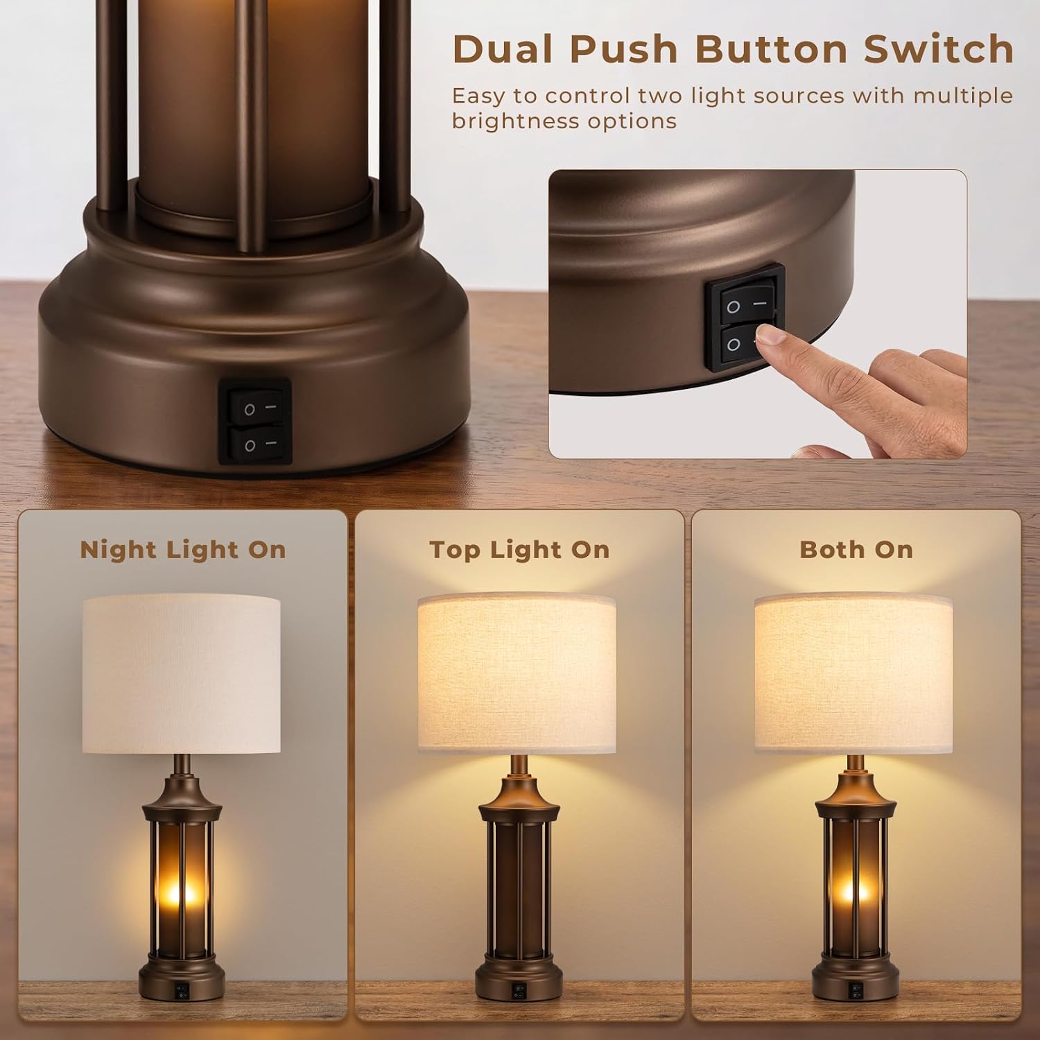 Detalle de Seealle jinshudeng2-2 Table Lamps, Set of 2, 24-Inch with Linen Shades and Dual Lighting