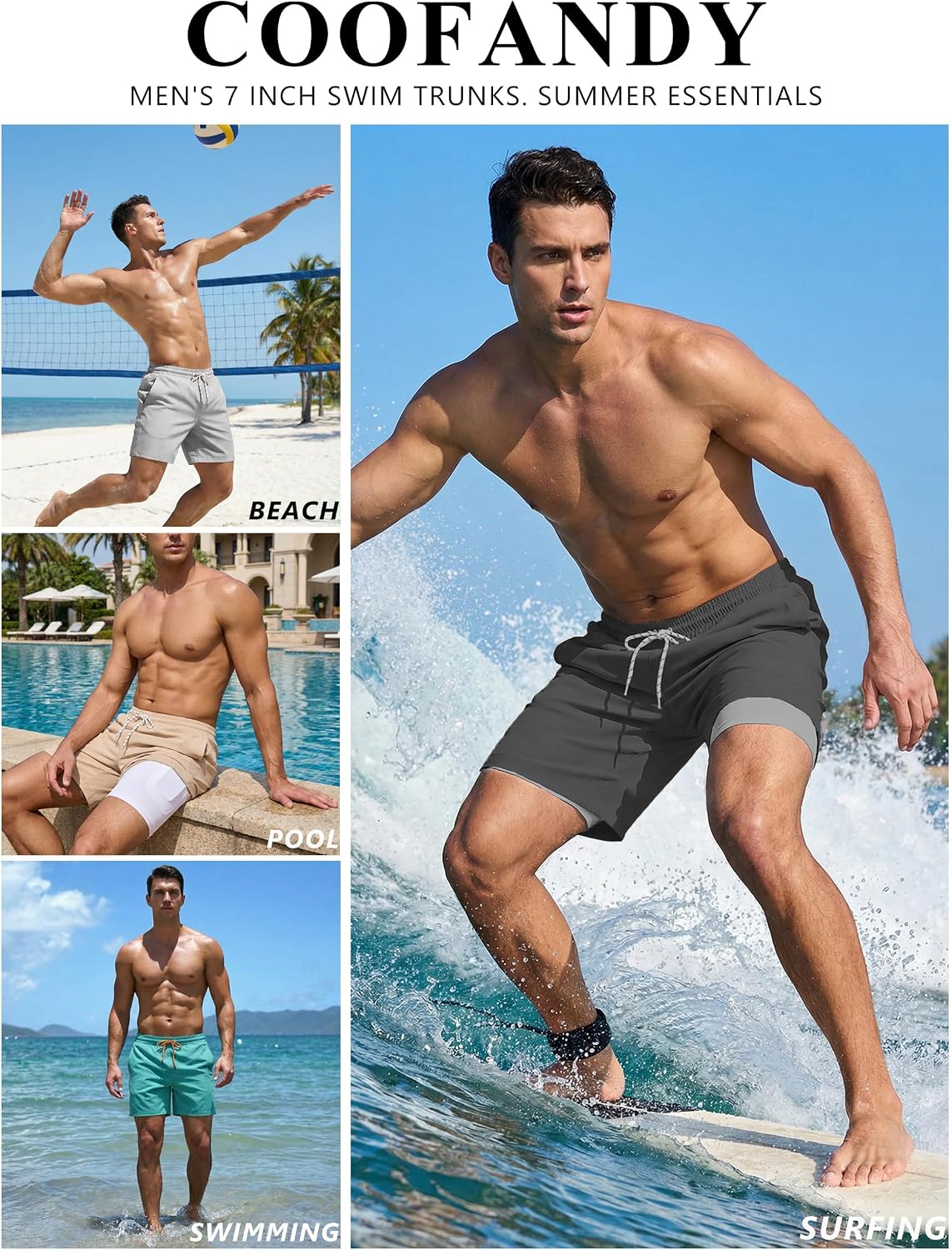 Detalle 2 de COOFANDY 7" Swim Trunks with Compression Liner: Comfort, Pockets, and Quick-Dry Performance