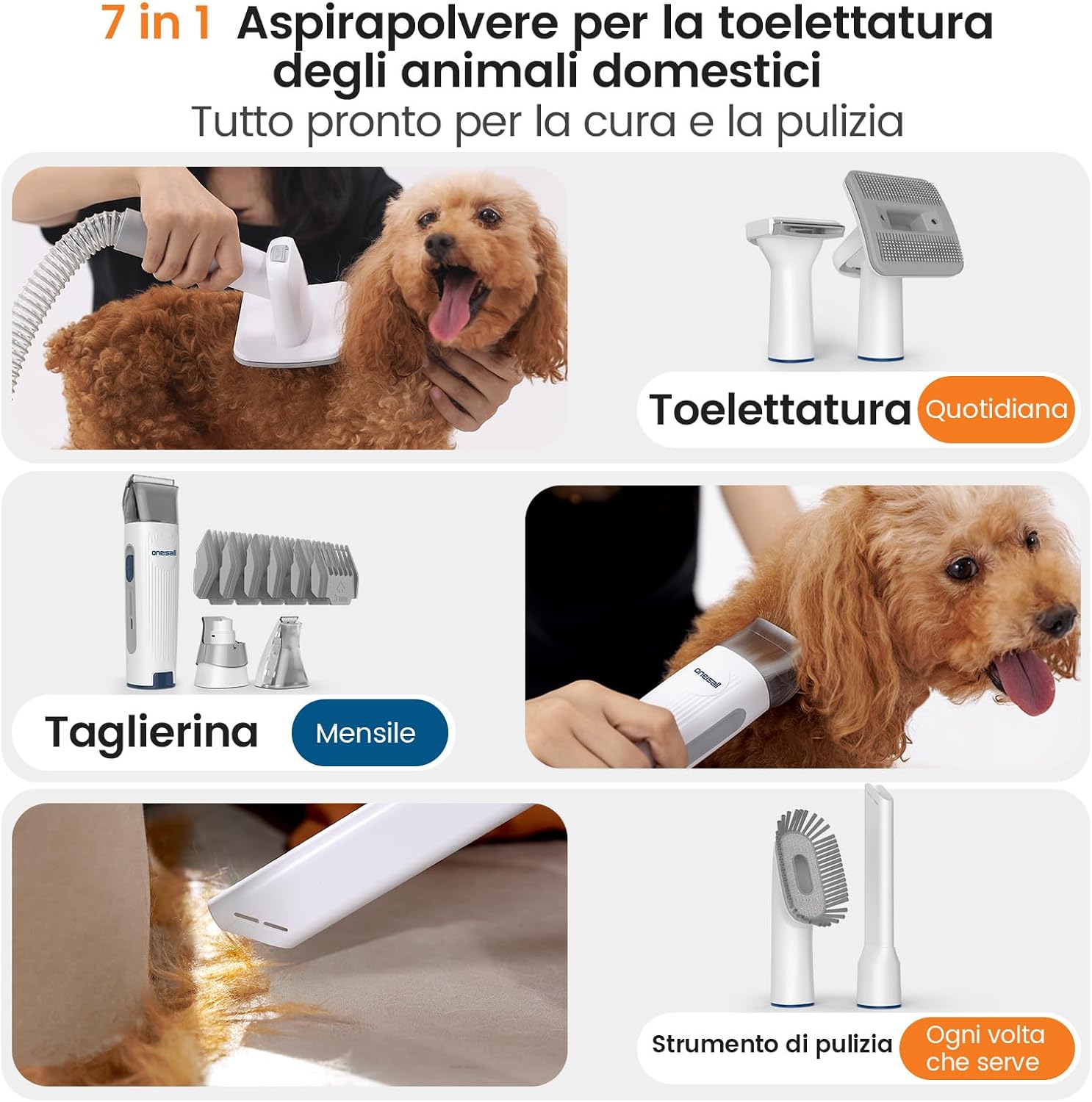Detalle 2 de Oneisall kit toelettatura e aspirazione a vuoto per animali domestici – 7 in 1, 1,5L, 220V