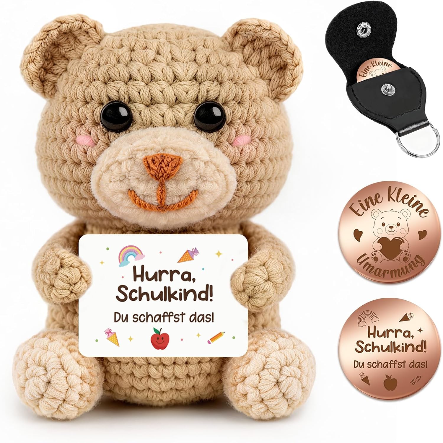 Detalle de Giftota Einschulung Geschenk: Häkel-Bär mit Glücksbringer – Mutmacher für den Schulstart