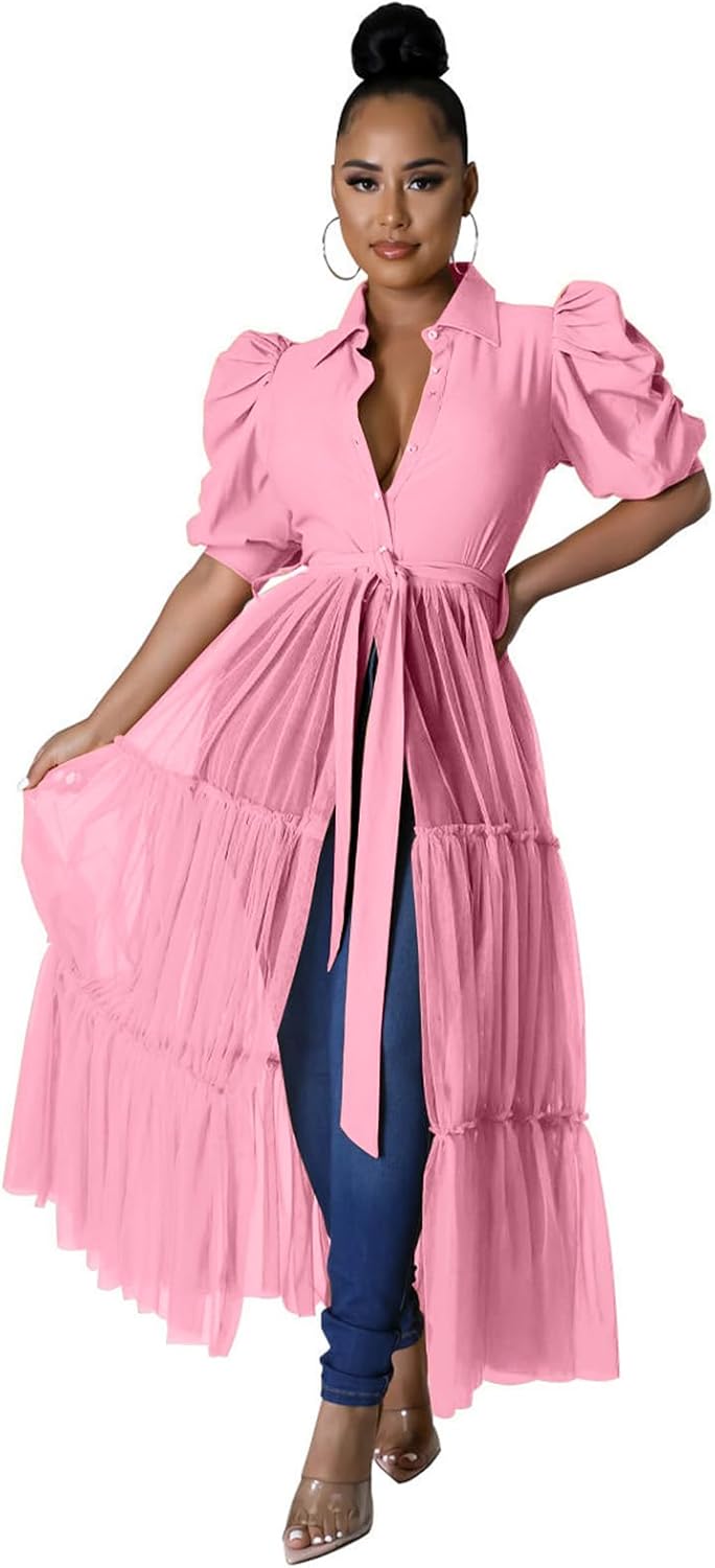 Thumbnail 6 de Ekaliy Women Sexy Short Sleeve Bodycon High Low Asymmetrical Ruffle Tunics Blouse Top Dress