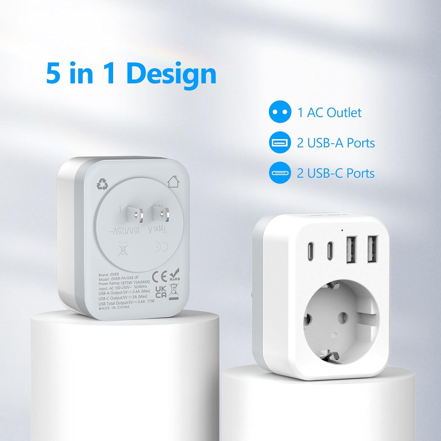 Thumbnail 3 de JSVER Set di Adattatori da Viaggio tutto-in-uno: 5 in 1 con 4 USB (UE-Giappone) bianco