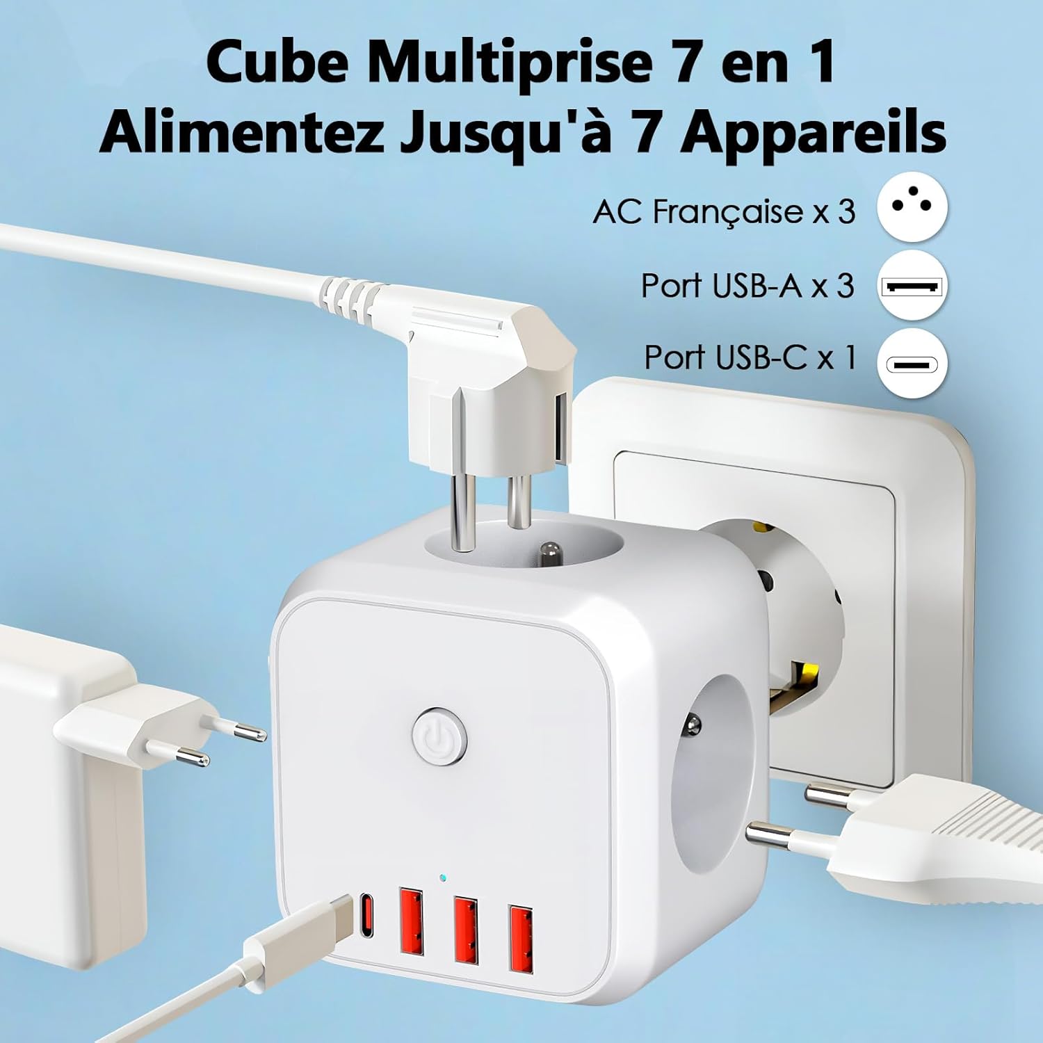 Detalle de Multiprise Murale 7 en 1 – Prise Secteur avec 3 Prises Française et 4 ports USB (USB-C + USB-A) – Cube mural compact