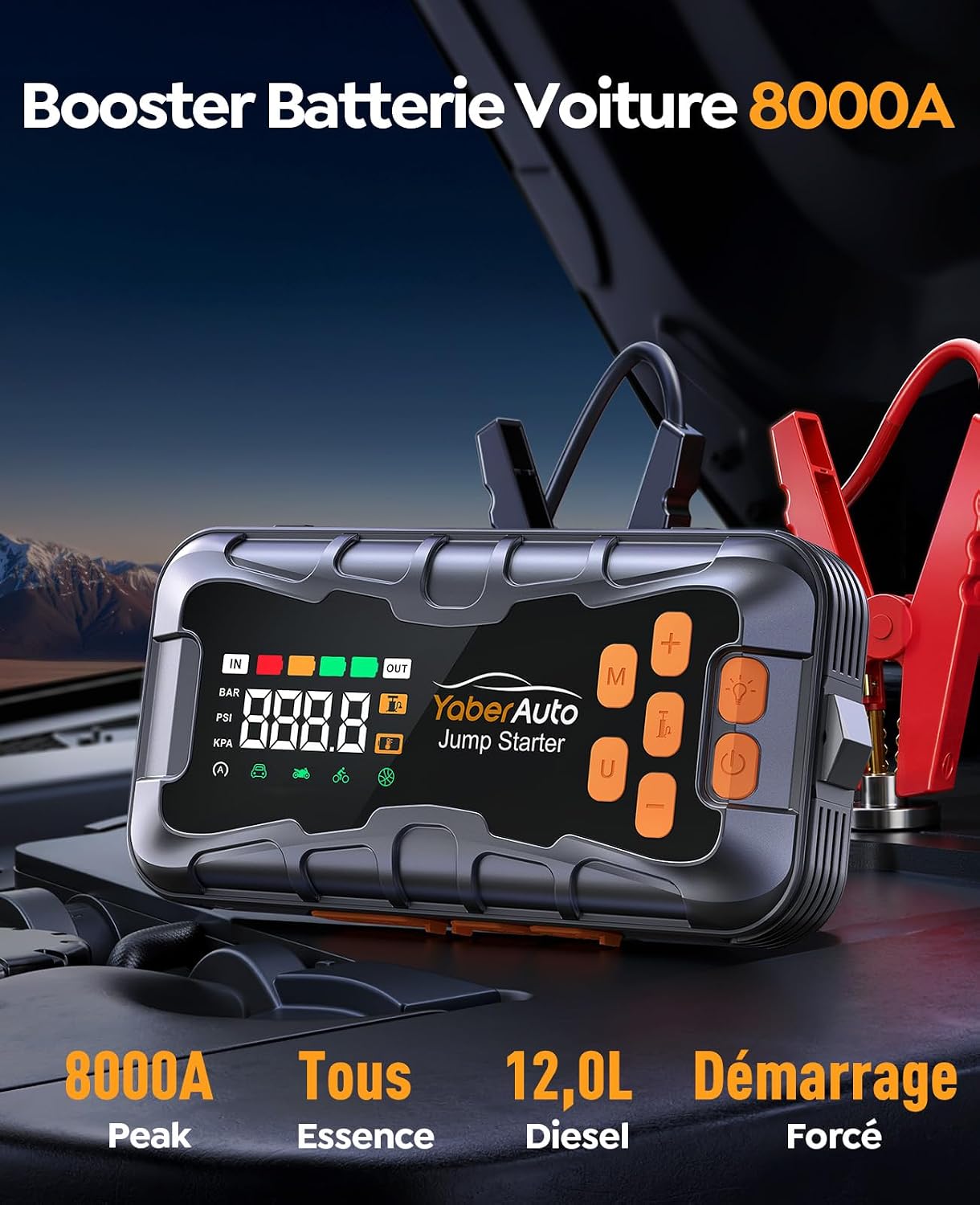 Detalle 2 de YaberAuto AP03 16 en 1 : booster batterie 12V 8000A avec compresseur 160 PSI et batterie 27000 mAh