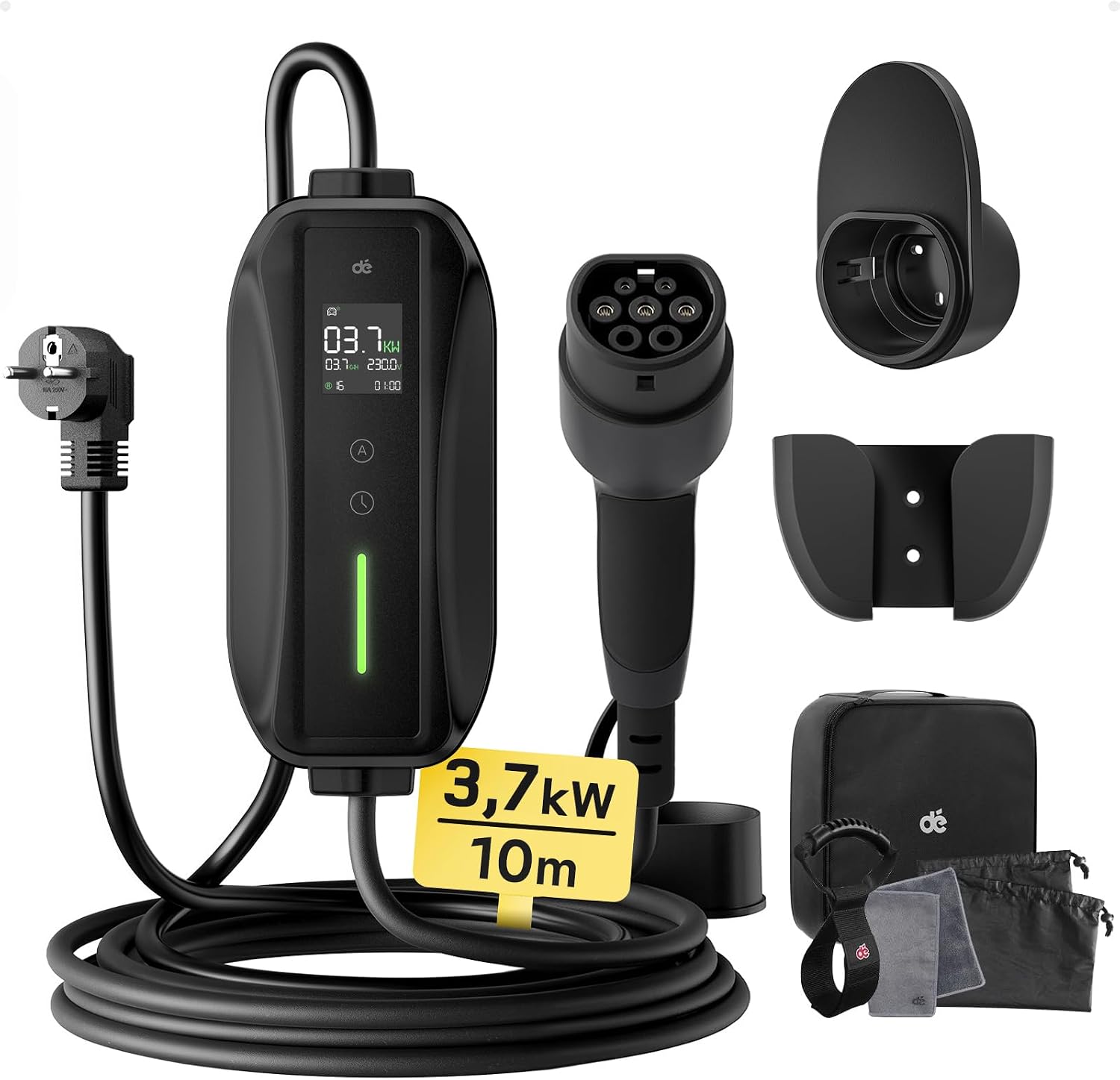 Dé Cavo Ricarica Auto Elettrica Tipo 2 Schuko 10m – Wallbox Portatile con LCD e supporto, 3,7 kW