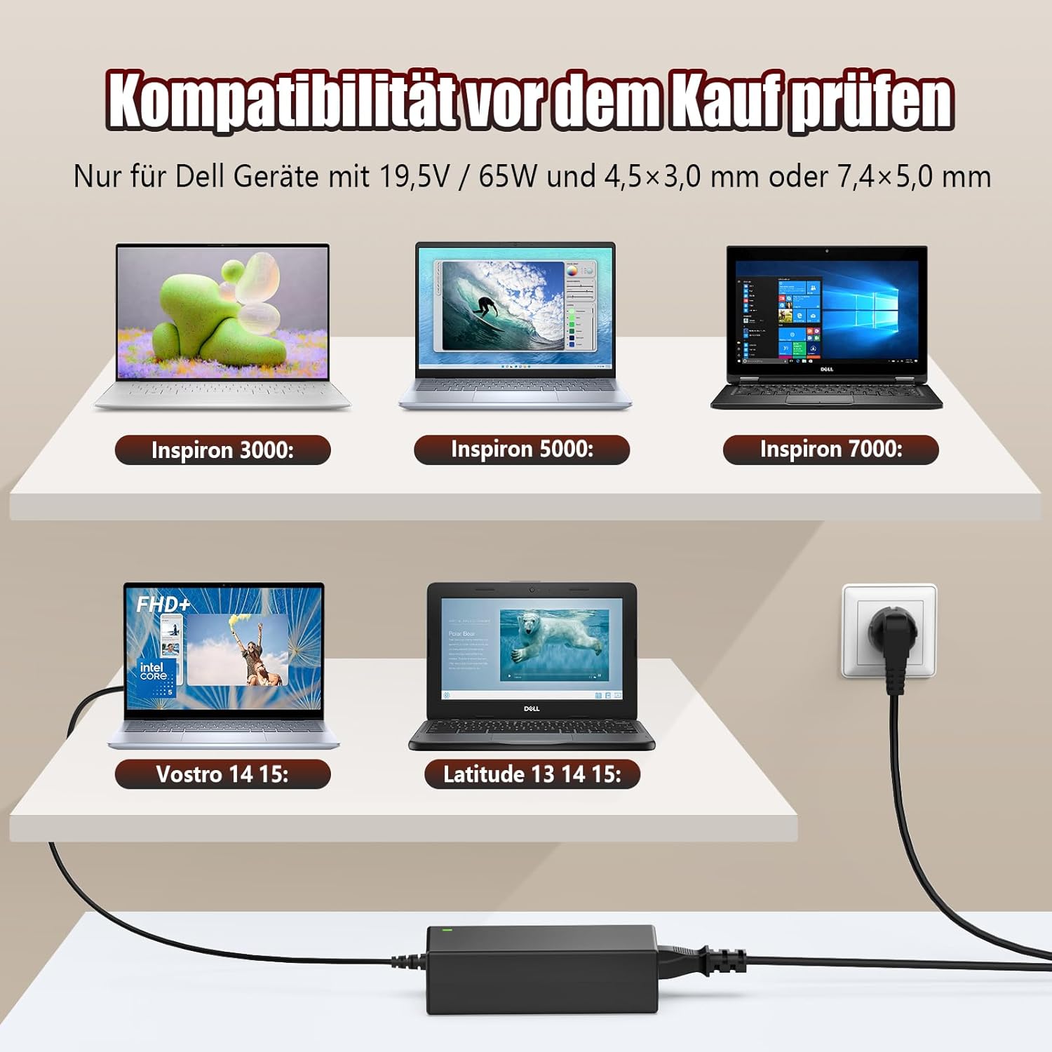 Thumbnail 3 de 65-W-Laptop-Ladekabel (Netzteil) für Dell – kompatibel u. a. mit Inspiron & Latitude (19,5 V, 65 W max)