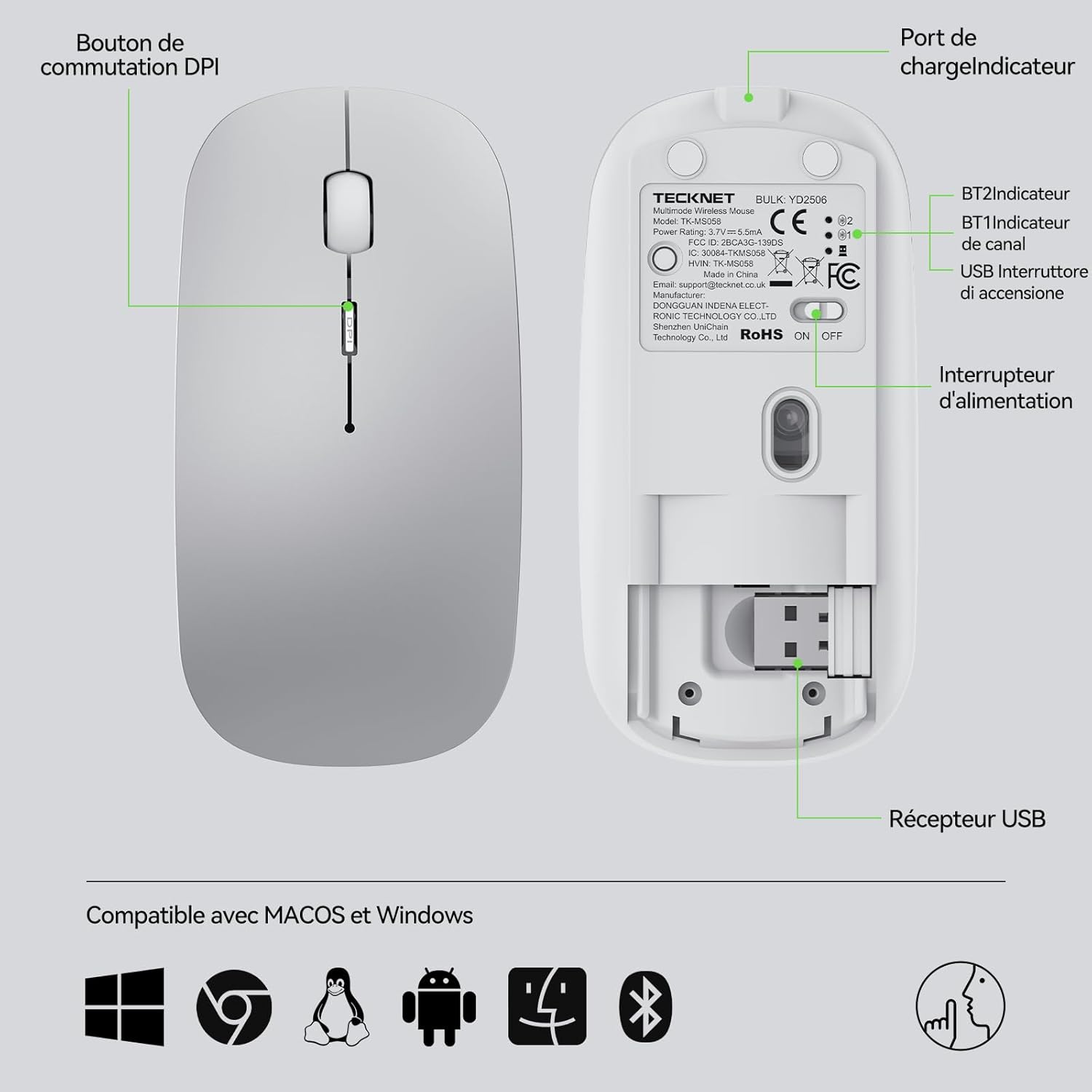 Thumbnail 6 de TECKNET Bluetooth Maus – Kabellose 3‑Geräte‑Maus mit 4800/3200/2400/1600/1200/800 DPI, USB‑Funkempfänger (2,4 GHz), Bluetooth 5.0, ultradünn und leise