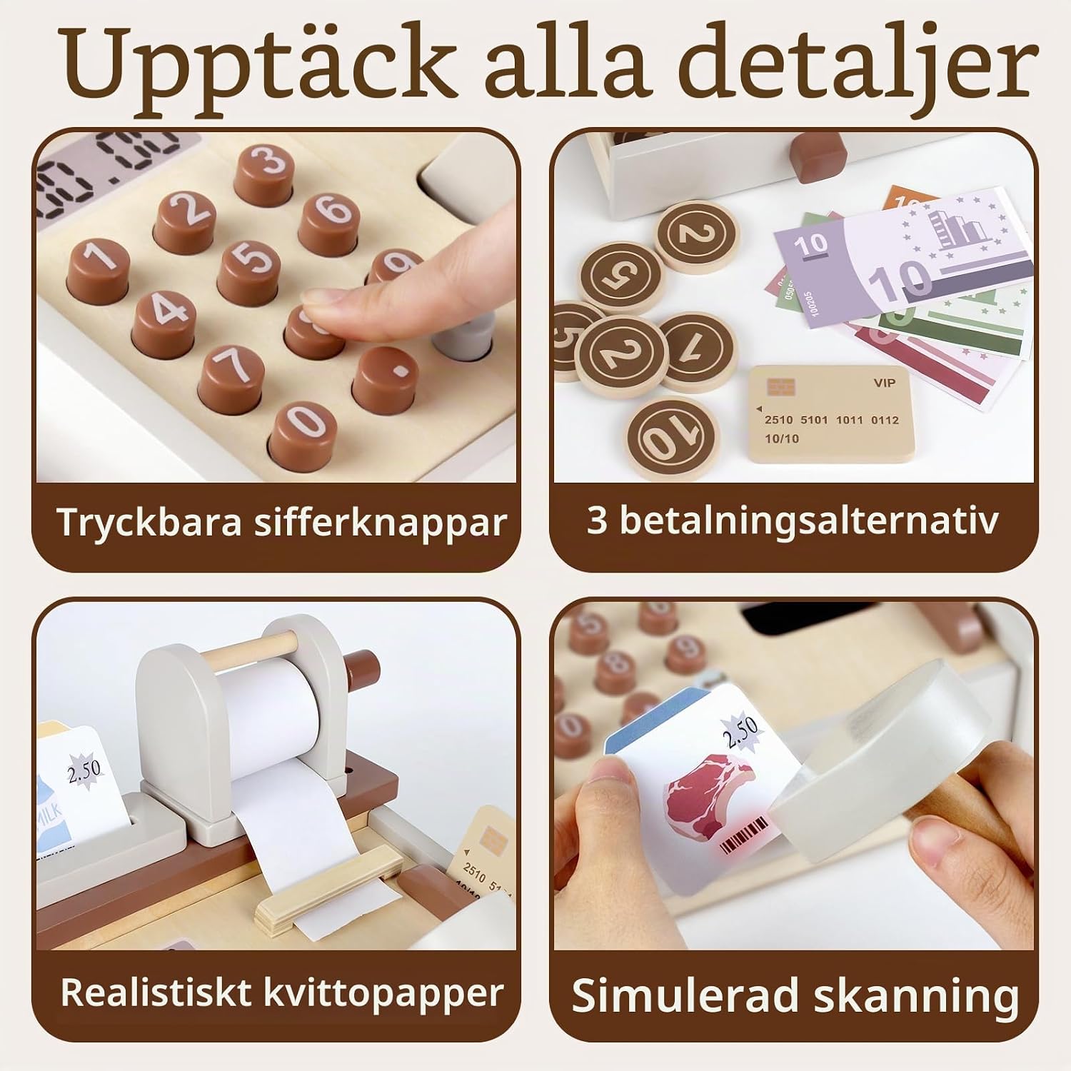 Detalle de Airlab leksakskassa i trä med kassalåda, skanner och tillbehör