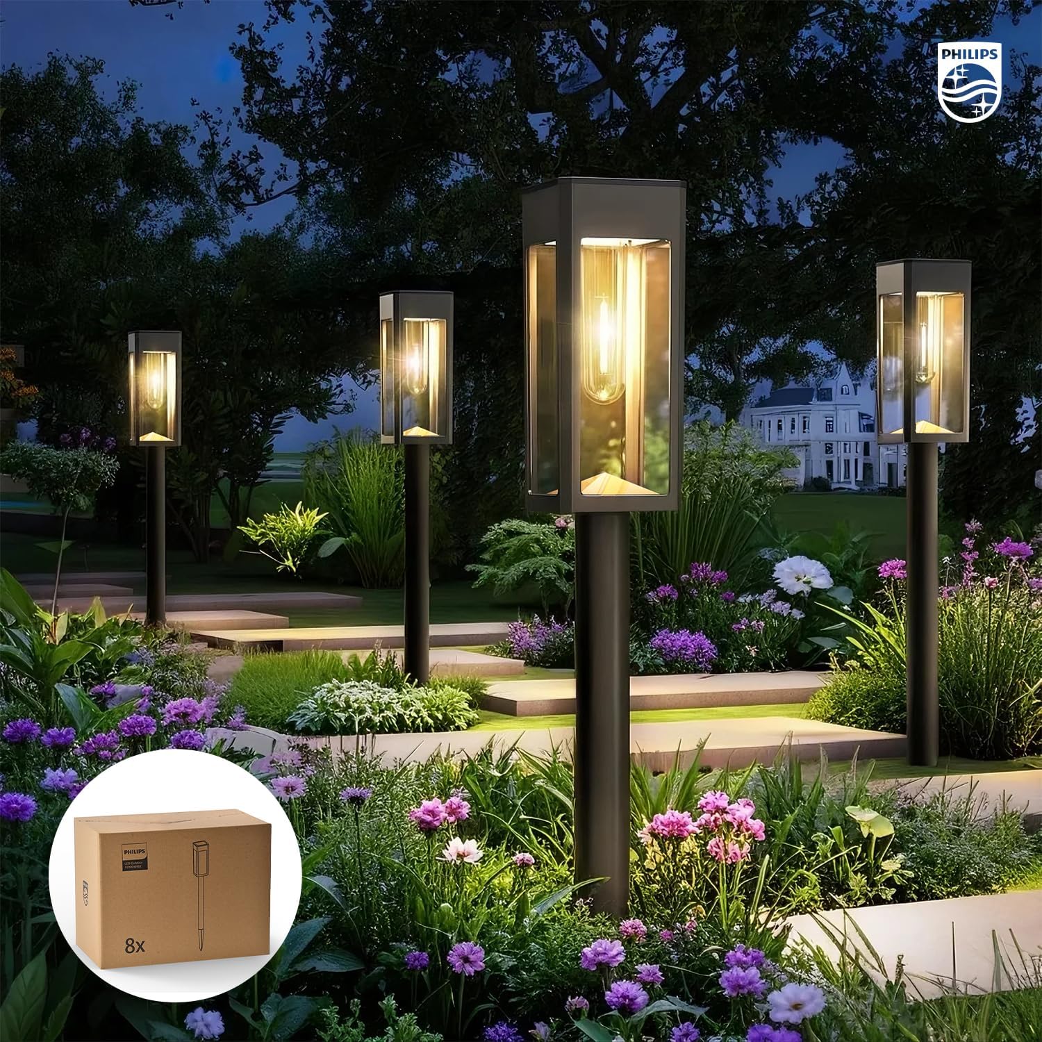 Detalle de Philips Lot de 8 Lampes Solaires pour Allées – Éclairage Paysager LED 3000K