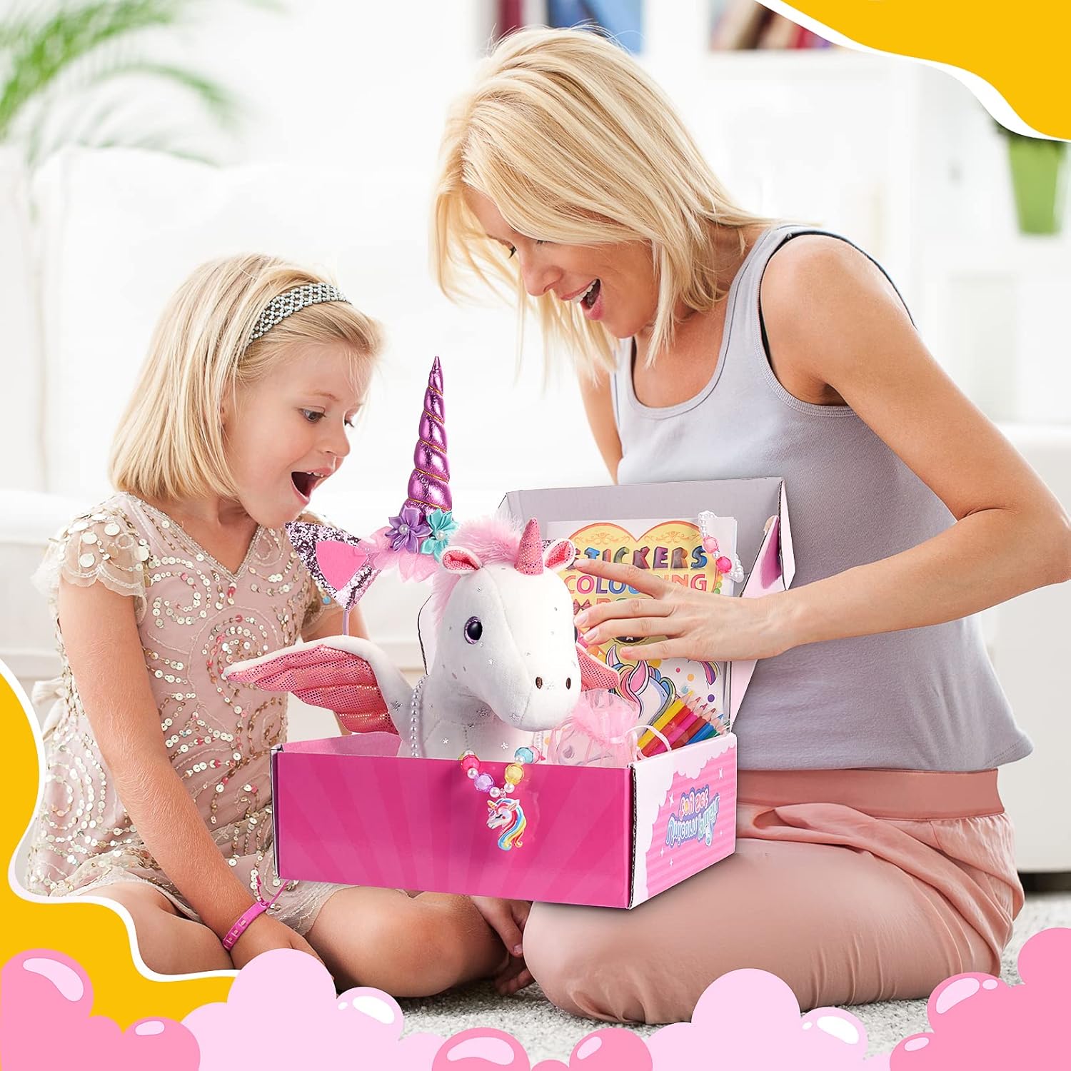 Thumbnail 6 de EUCOCO Unicorn Gifts for Girls (Age 3–8) – soft plush toys set with clips, bracelet necklace, colouring book and brushes