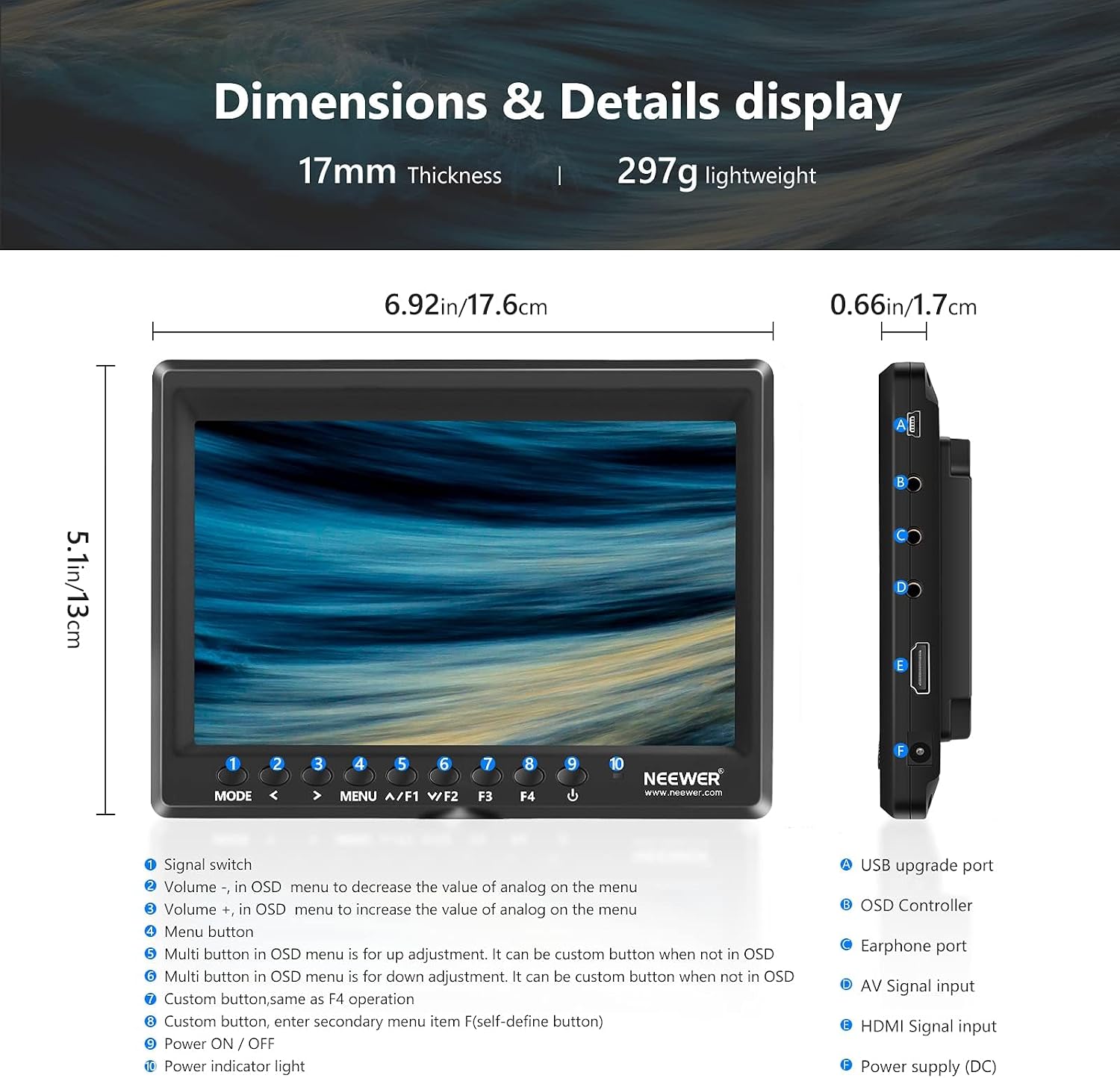 Thumbnail 1 de NEEWER F100 7" Monitor da Campo per Fotocamera – HDMI 1080p, Batteria F750 e Testa Sfera 360°