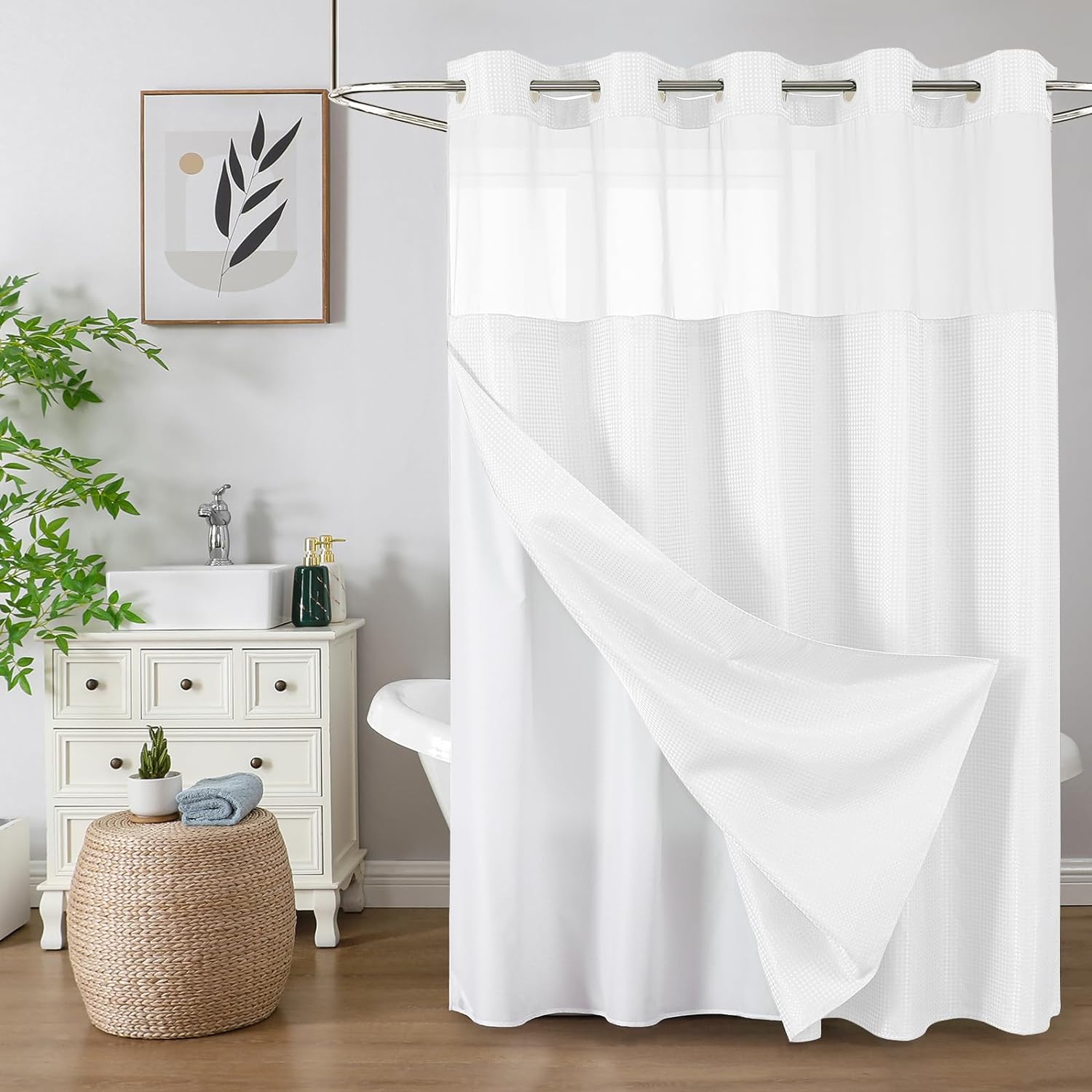 Colorful Star No-Hook Shower Curtain with Snap-in Liner – 72 x 75 Inch, White