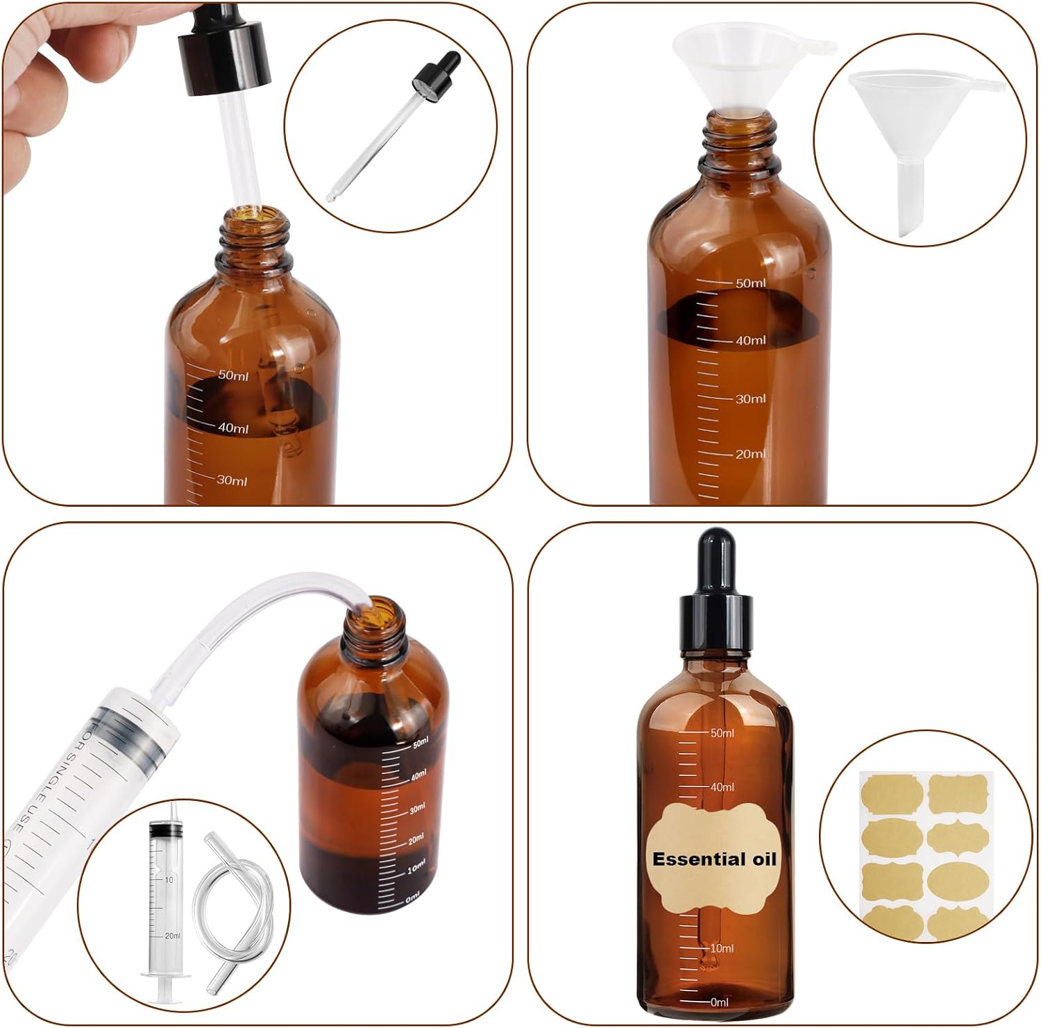 Detalle de Nadisean 6Pcs Amber Glass Dropper Bottles 50ml – Precise,UV‑protected Refillable Set