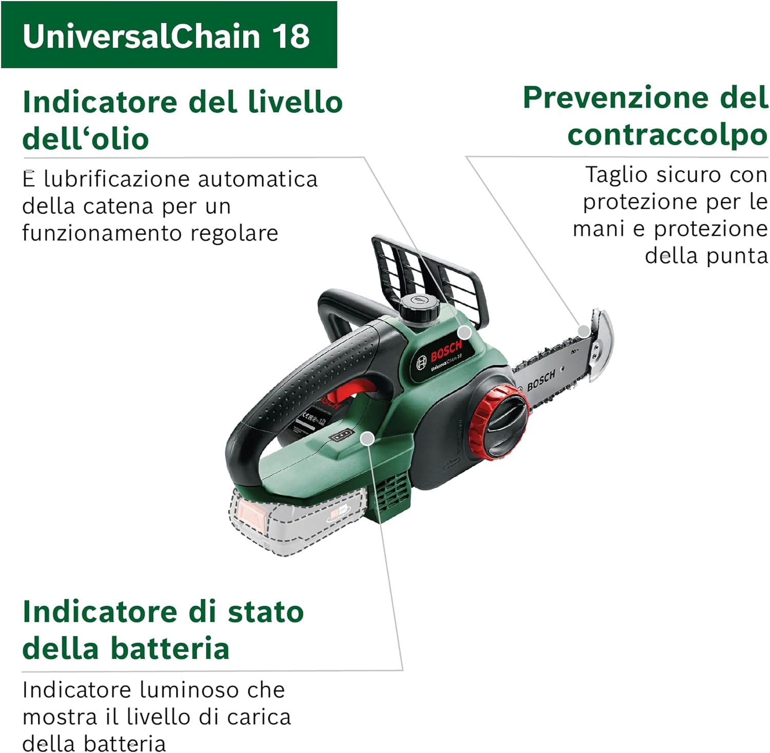 Detalle de Bosch UniversalChain 18 motosega 200 mm 🪚