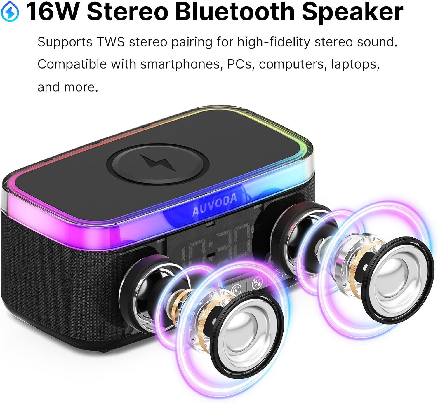 Thumbnail 2 de Auvoda S300 Bluetooth Speaker with Wireless Charging & LED Lights – 16 W Stereo