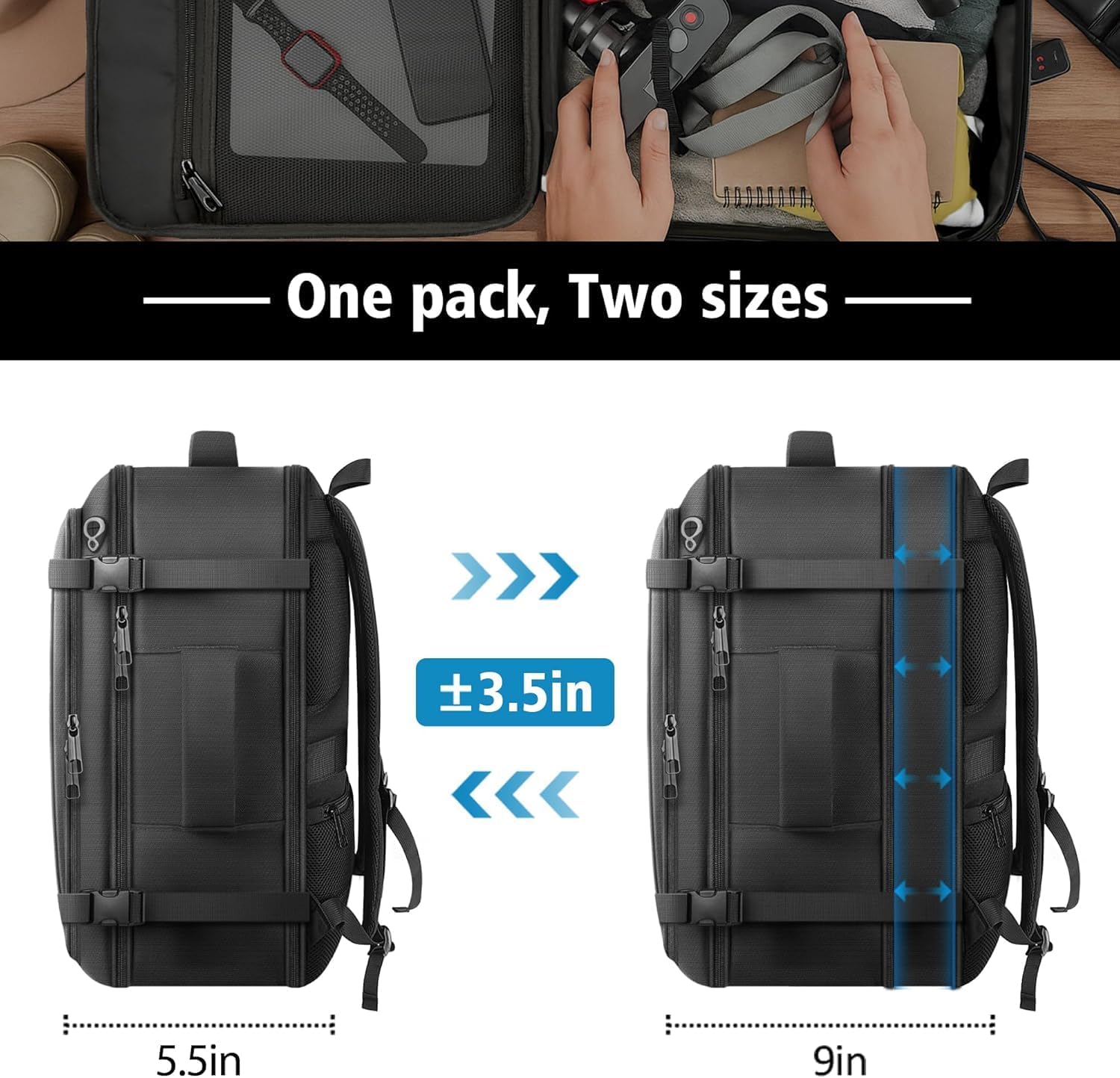 Detalle de HULVION Roomy Carry On Backpack with Expandable Large Capacity, USB Cable Port & Lifetime Warranty (Fits 18.4" Laptop) – Black