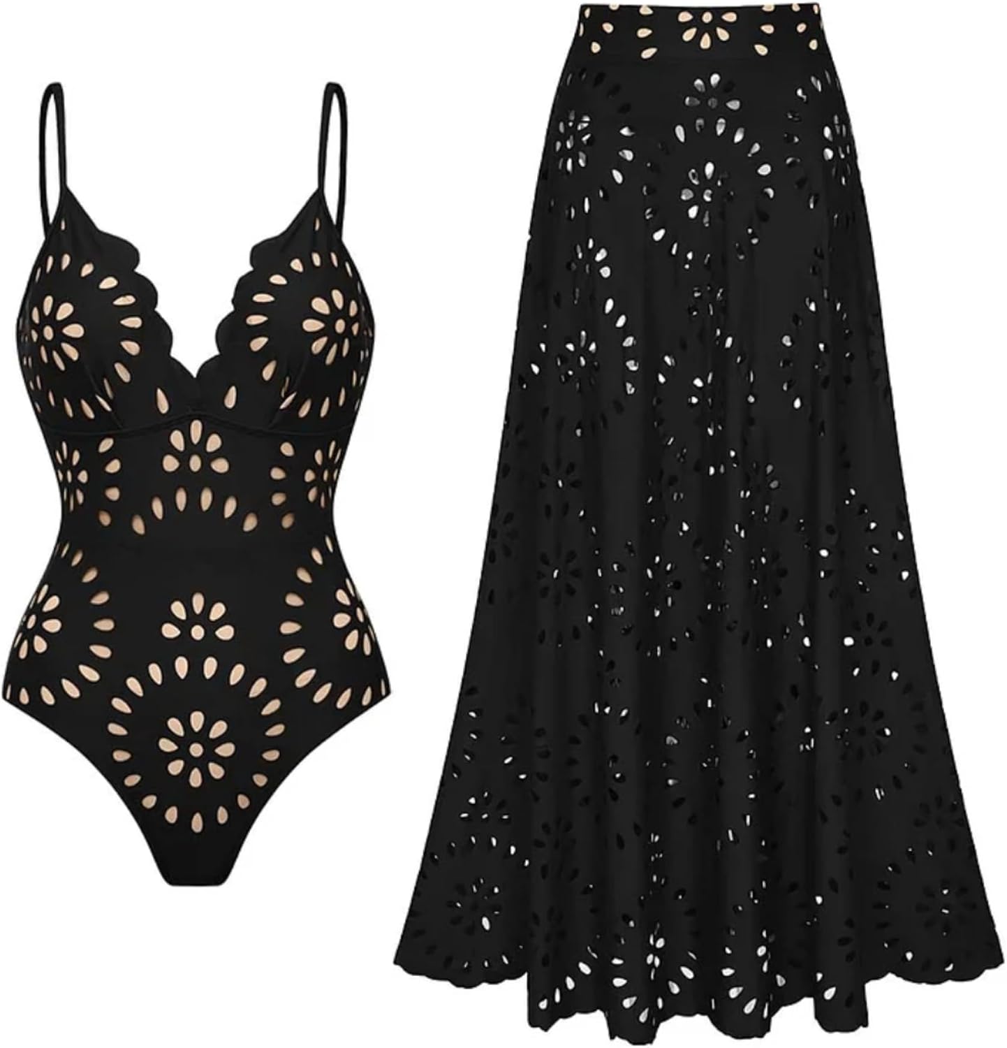 Detalle de FLAXMAKER One-Piece Swimsuit for Women with Floral Petal Design, Deep V-Neck and Skirt