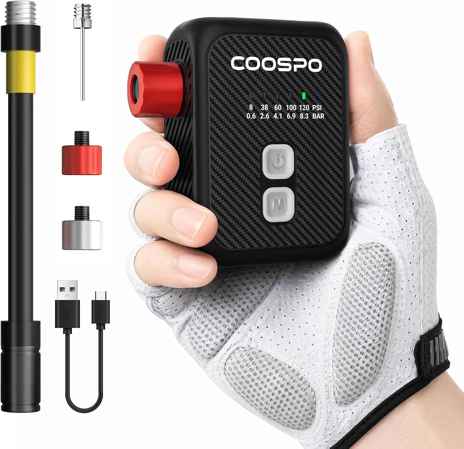 Detalle de CooSpo Mini elektrische fietspomp, 120 psi, presets en automatische uitschakeling