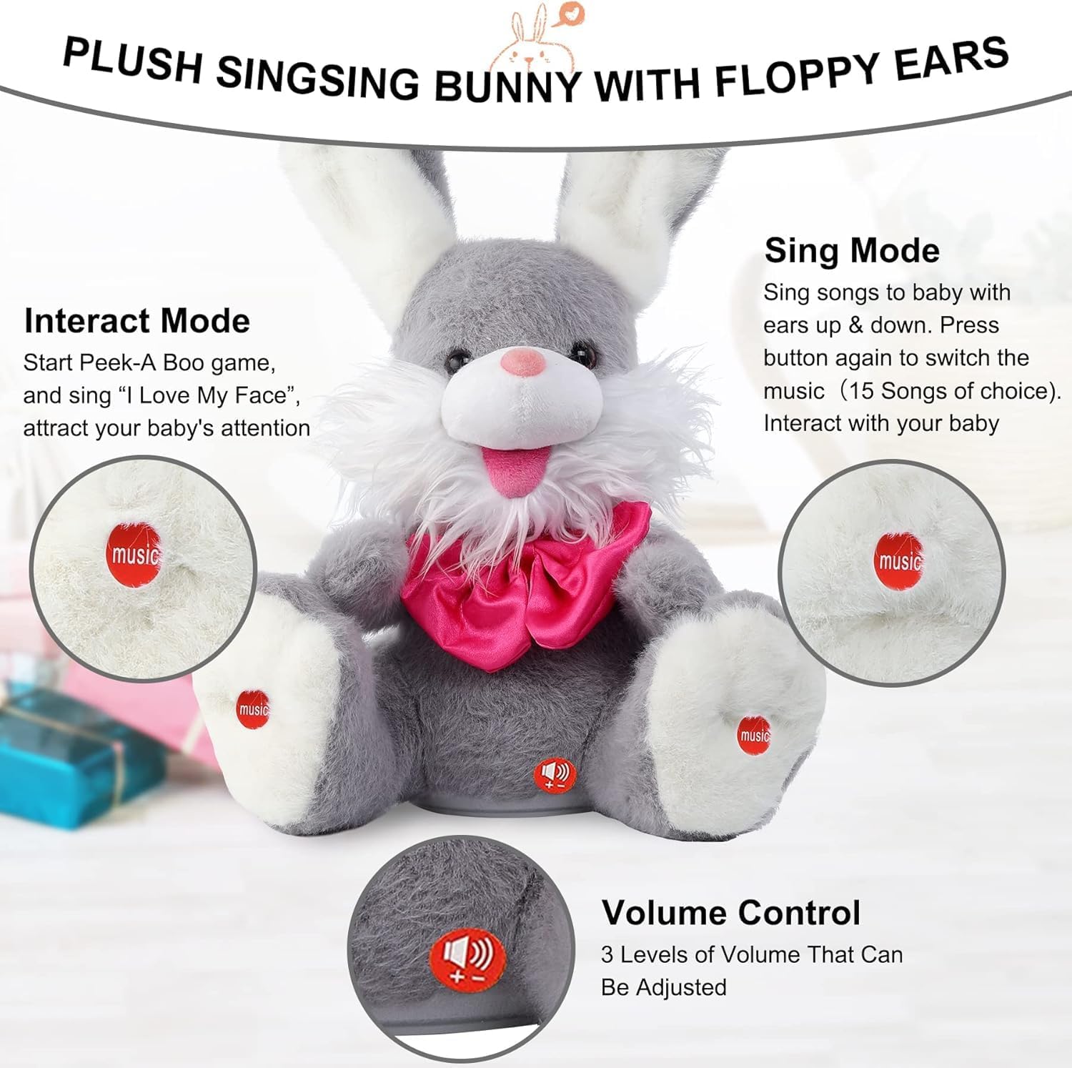 Detalle 2 de seOSTO Bunny Peek-A-Boo Talking Toy: Repeat What You Say, Singing 15 English Songs