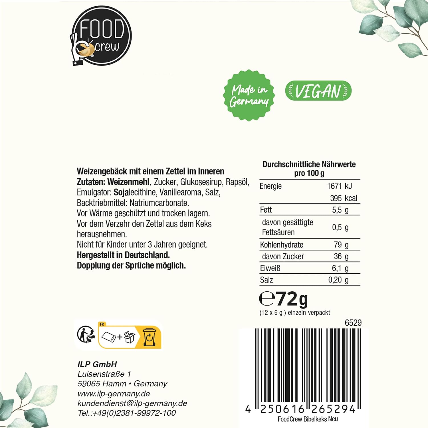 Detalle 2 de FOOD crew Bibel Glückskekse (12 Stück) in christlicher Geschenkbox – einzeln verpackt für Taufe, Kommunion & Co.