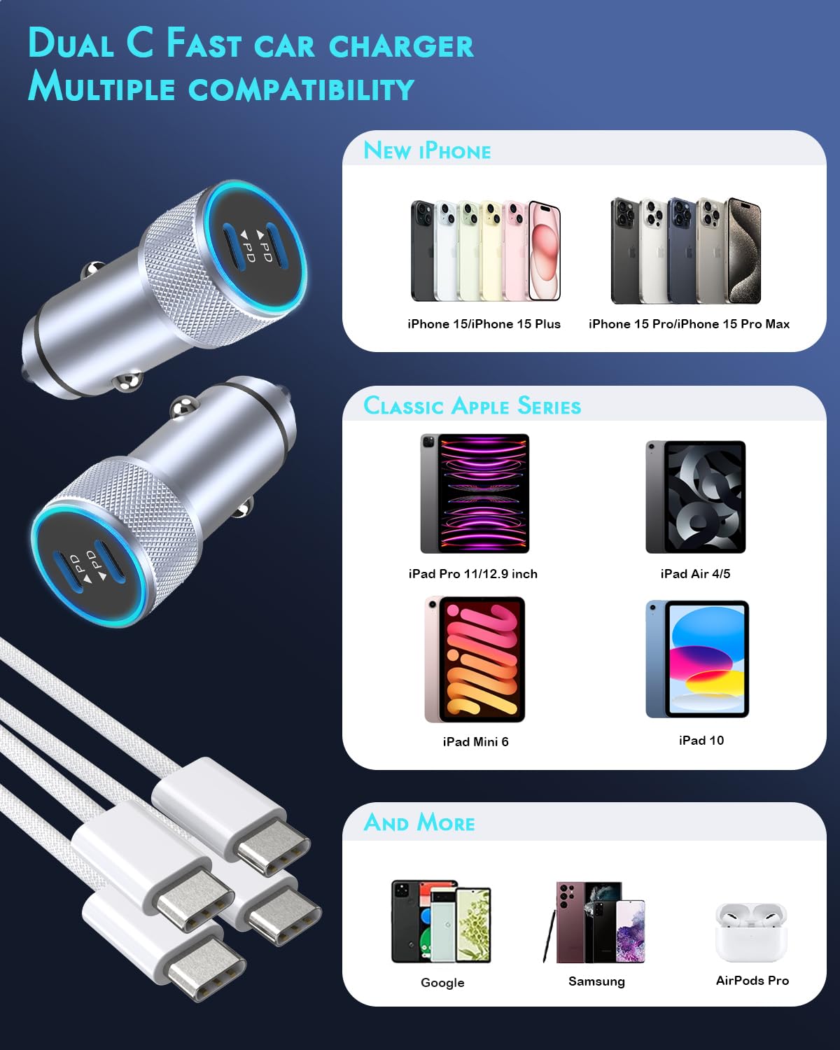 Thumbnail 6 de Fitquipment iPhone 17 Car Charger 2-Pack: Dual USB-C Ports with Nylon Braided Cables