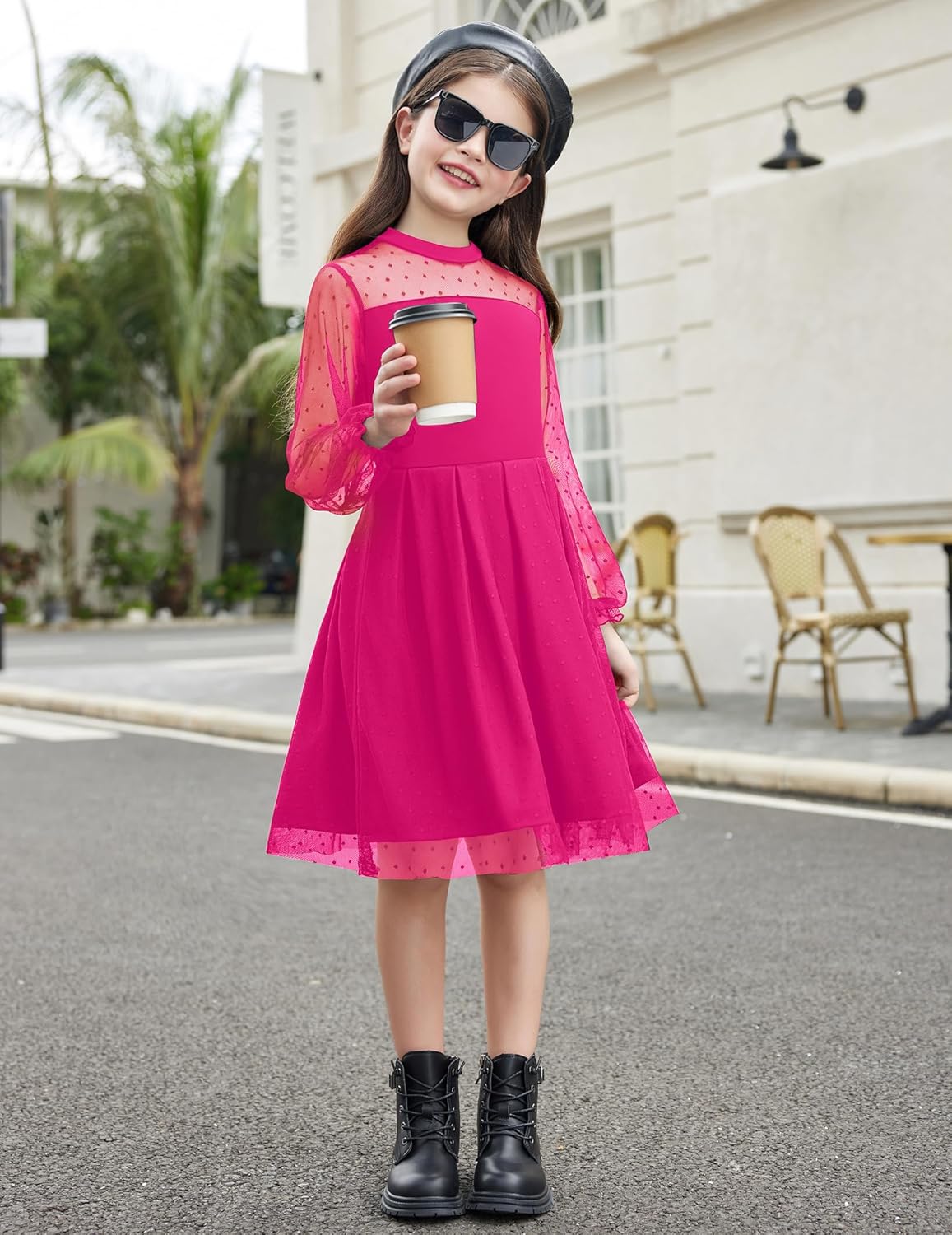 Detalle 2 de Arshiner Girls Contrast Mesh Puff Long Sleeve Mock Neck Formal Tulle A-Line Dress
