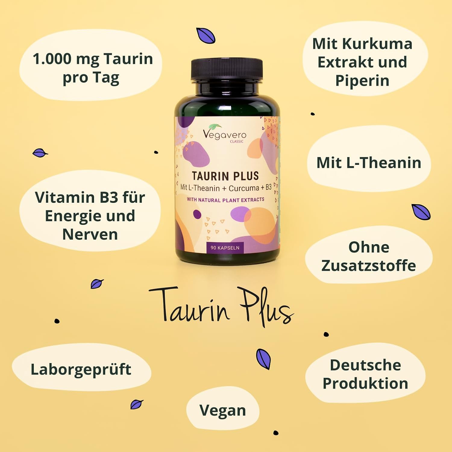 Detalle de Vegavero Taurina 1000 mg | Integratore sportivo Pre e Post-Workout con curcuma, tè verde e L-teanina