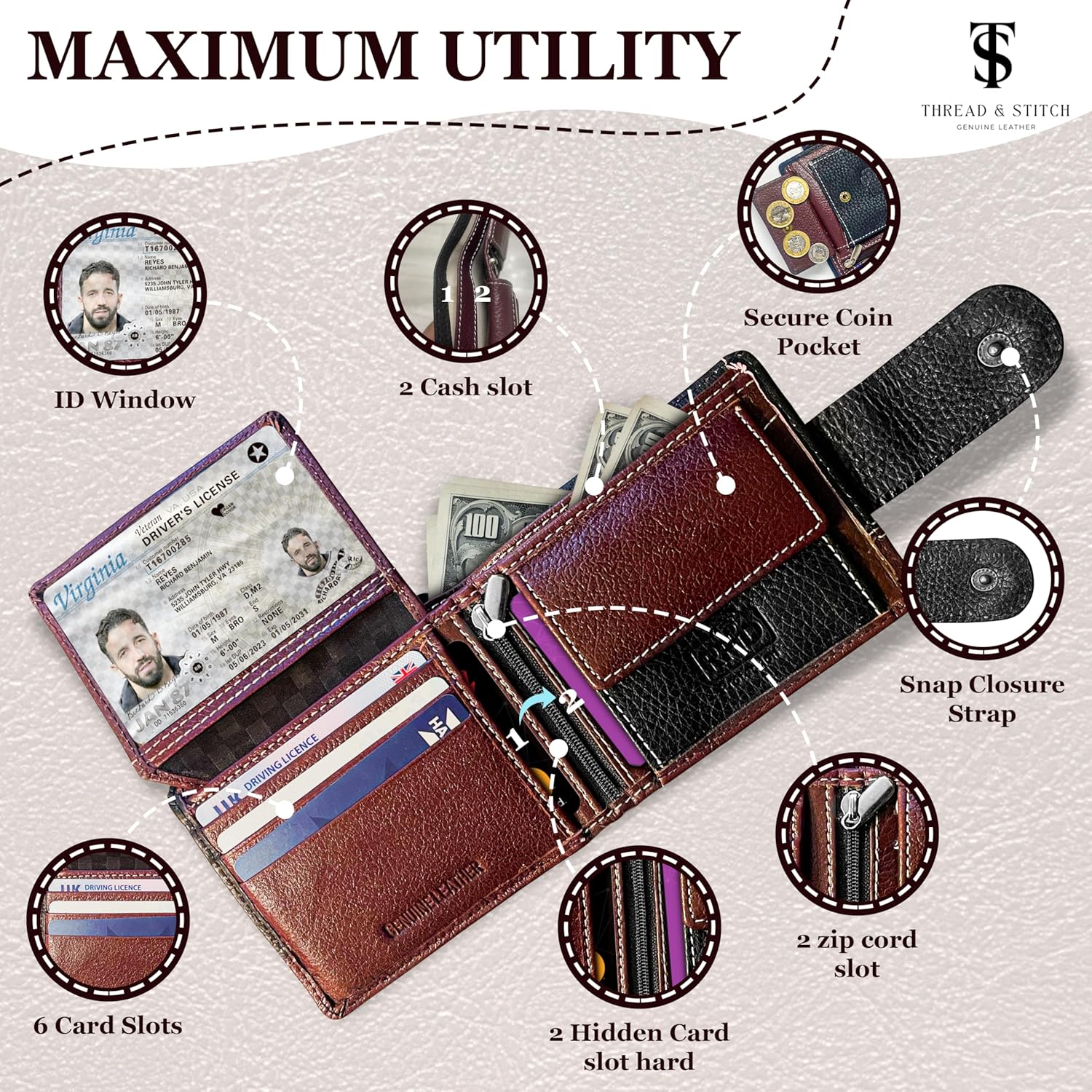 Detalle de Thread & Stitch Genuine Leather Wallet for Men – Bifold with RFID Blocking and 10 Card Slots