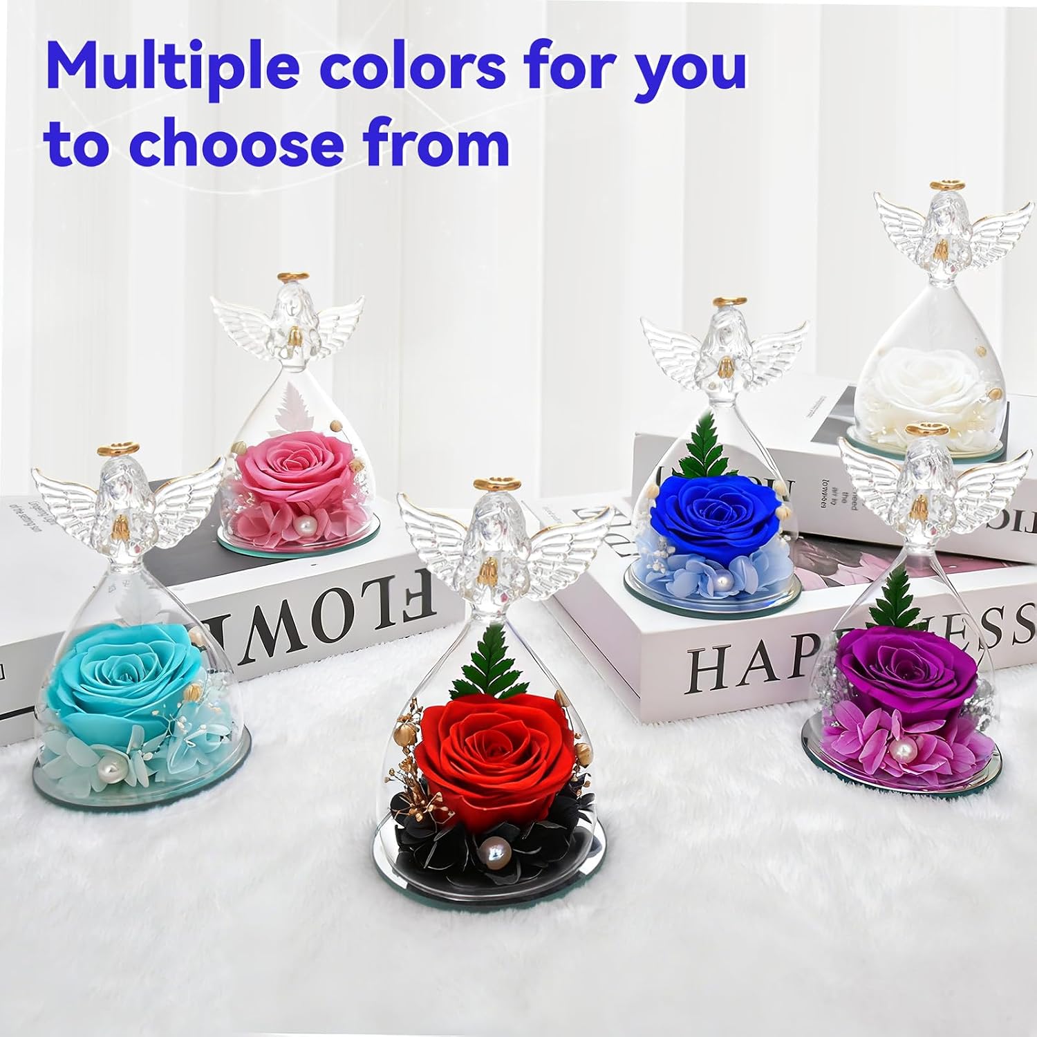 Detalle de YiHuaHua Rose Eternelle Cadeau Femme : rose stabilisée avec figurine d’ange sous cloche en verre