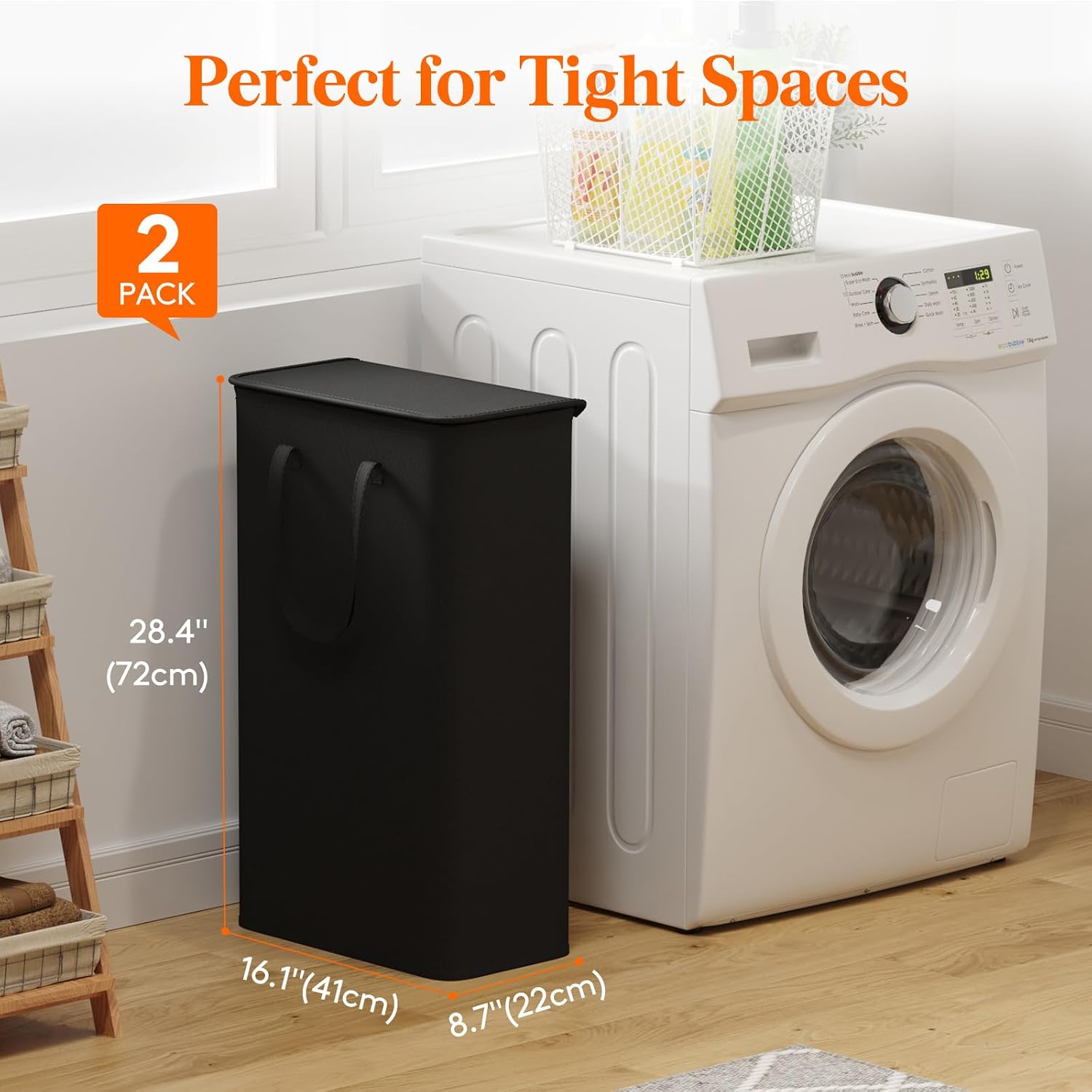 Detalle 2 de Lifewit 24017 Slim Laundry Baskets, 2 x 65L, Lidded and Foldable