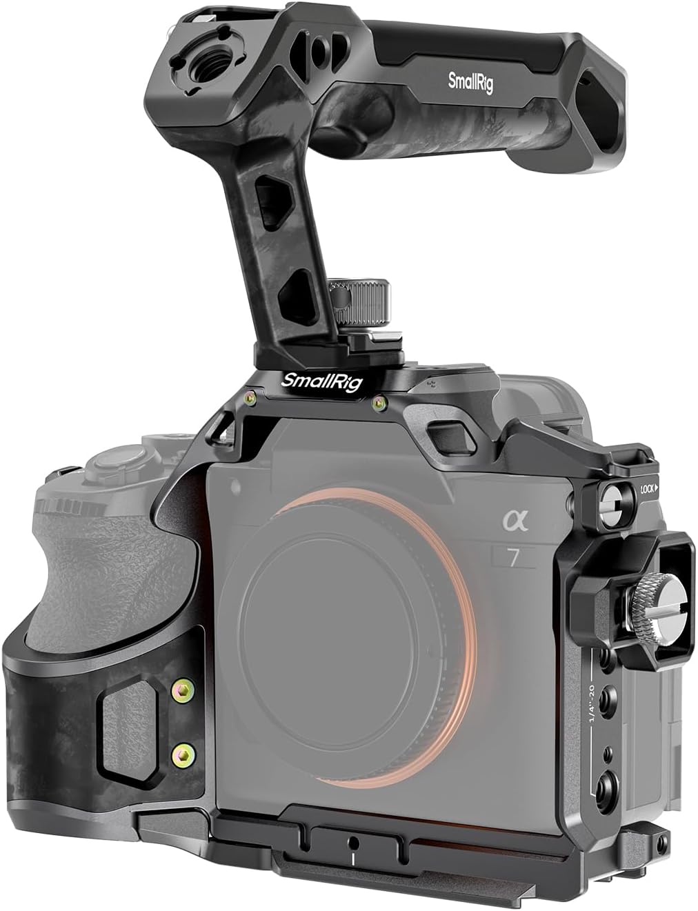 Detalle de SMALLRIG Rhinoceros Cage for Sony A7 V / A7R V / A7 IV – Basic Kit with Top Handle