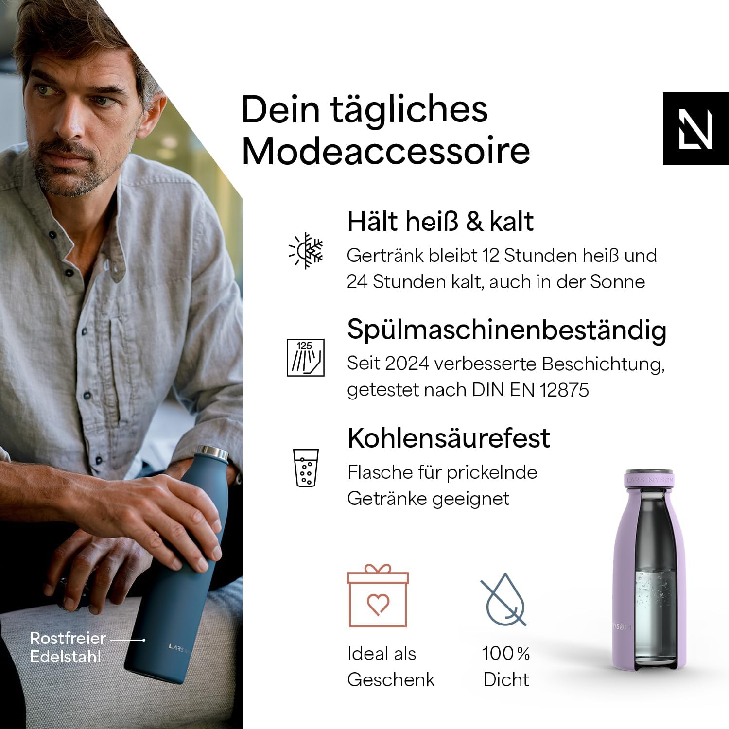 Detalle 2 de LARS NYSØM Edelstahl-Trinkflasche „Ren“ (350 ml, 500 ml, 750 ml, 1 l, 1,5 l) – thermosgeeignet, kohlensäurefest