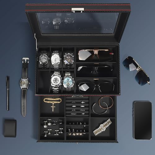 Detalle de Nestwerk Boîte à Montres Homme — Rangement 2 Niveaux avec Couvercle en Verre, 6 Emplacements et 3 Compartiments Lunettes