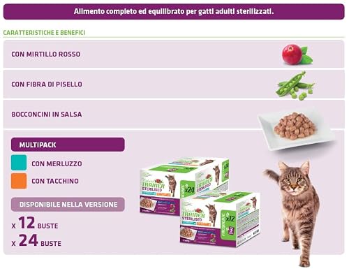 Detalle de Natural Trainer Cibo Umido per Gatti Adulti Sterilizzati – Tacchino e Merluzzo, Multipack 24 x 85 g