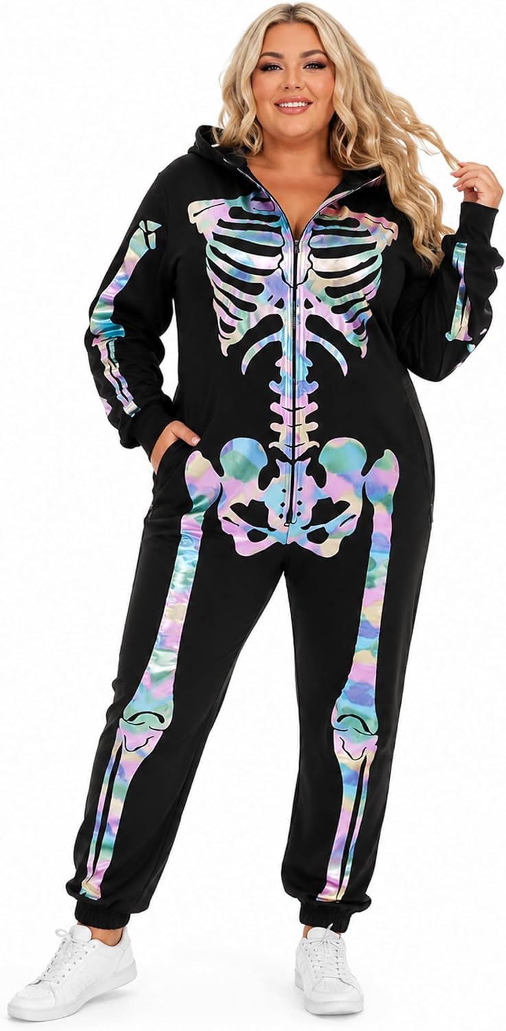 Detalle de Tipsy Elves TE-WJMP43 Women's Skeleton Halloween Jumpsuit with Iridescent Print