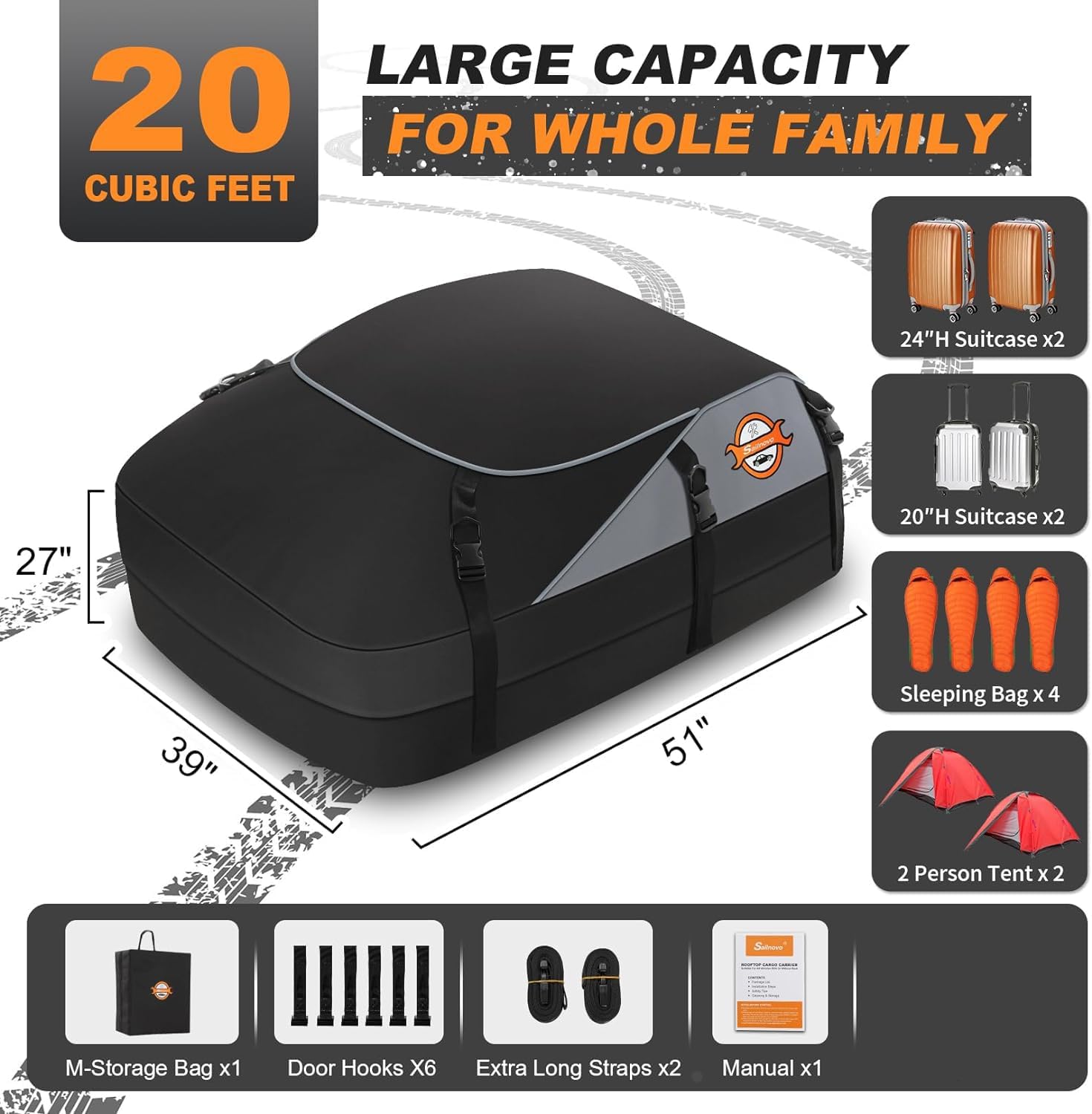 Detalle de Sailnovo 580L Car Roof Bag (20 cu ft): Waterproof, Foldable Roof Storage for Any Vehicle