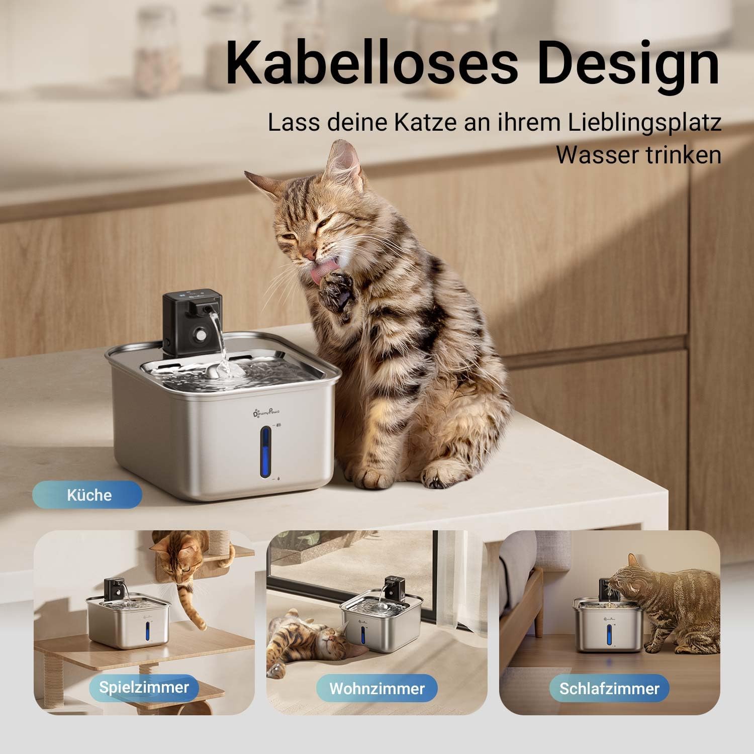Detalle 2 de DownyPaws Edelstahl-Katzenbrunnen Kabellos – 3L, Bewegungsmelder, leise & leicht zu reinigen