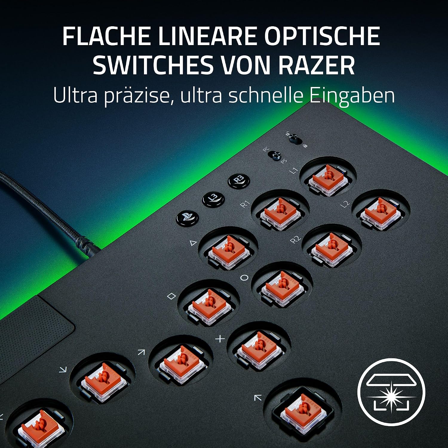Detalle de Razer Kitsune – optischer All-Button-Arcade-Controller für PS5 & PC, 4 Bewegungs-Tasten, schwarz