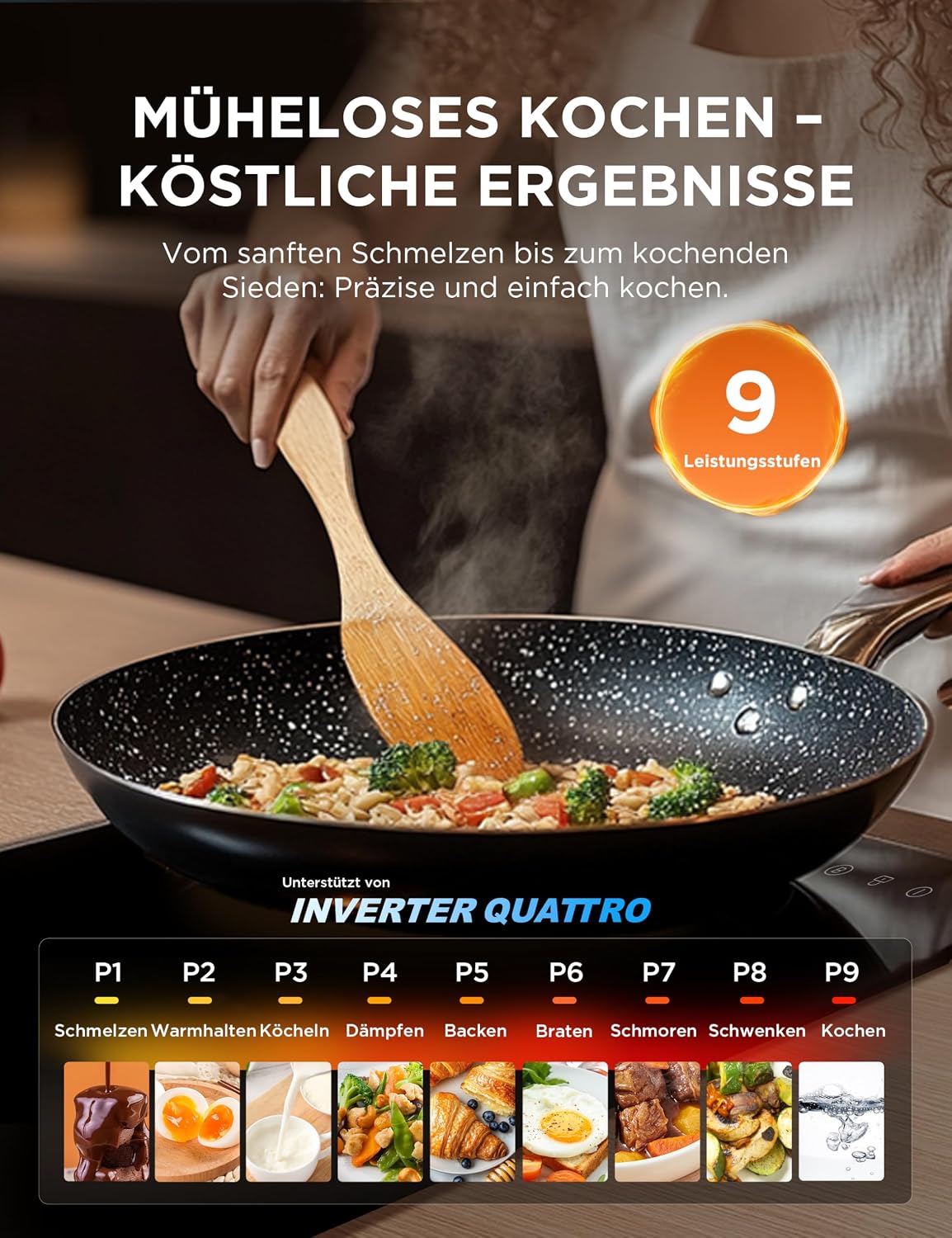 Detalle de MIDEA Induktionskochfeld mit Flexzonen – Glaskeramik, 220–240V, Berührungskontrolle