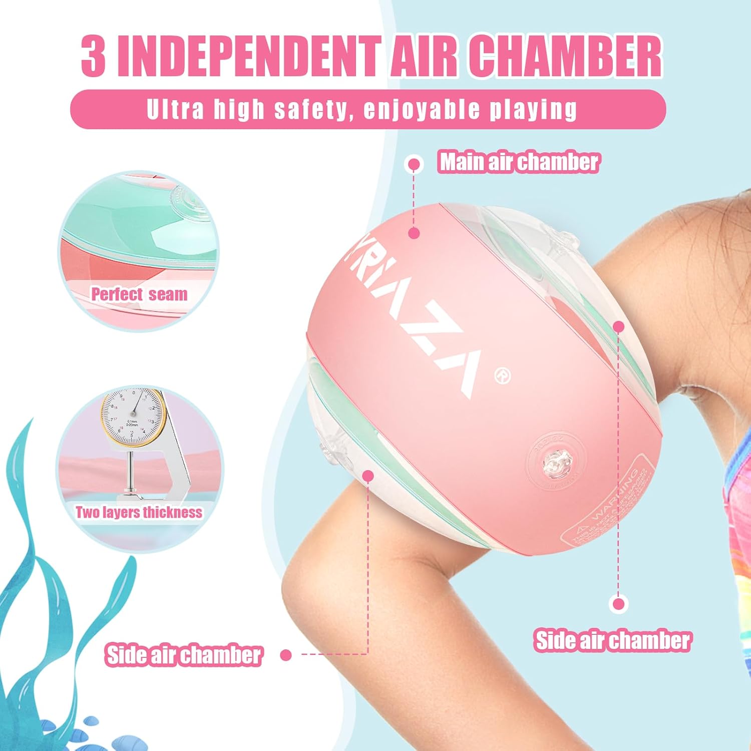Detalle de LOOWARTS Braccioli per Bambini 2–6 Anni (15–25 kg) con 3 Camere d'Aria, 2 Pollici Rosa + Mini Pompa – Sicurezza e Apprendimento nuoto