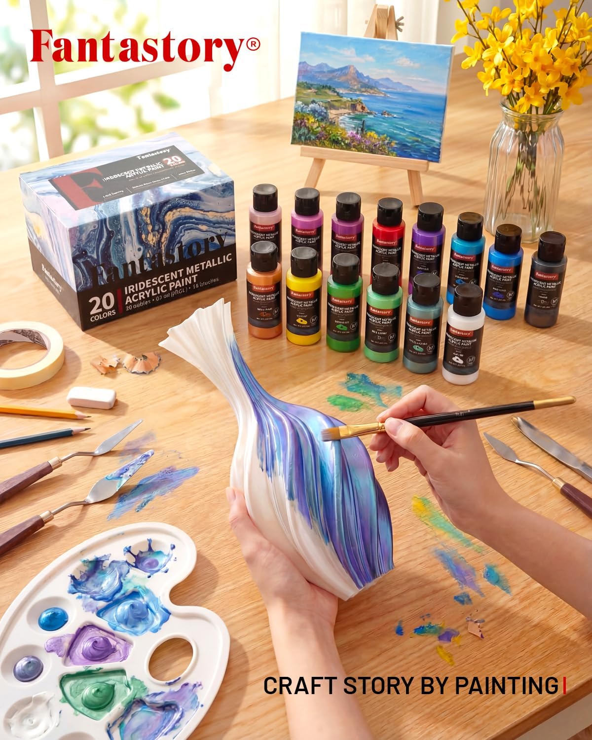 Detalle de fantastory Metallic Iridescent Acrylic Paint Set with 12 Brushes – 12 x 2oz Metallic Colours (Balanced Series)