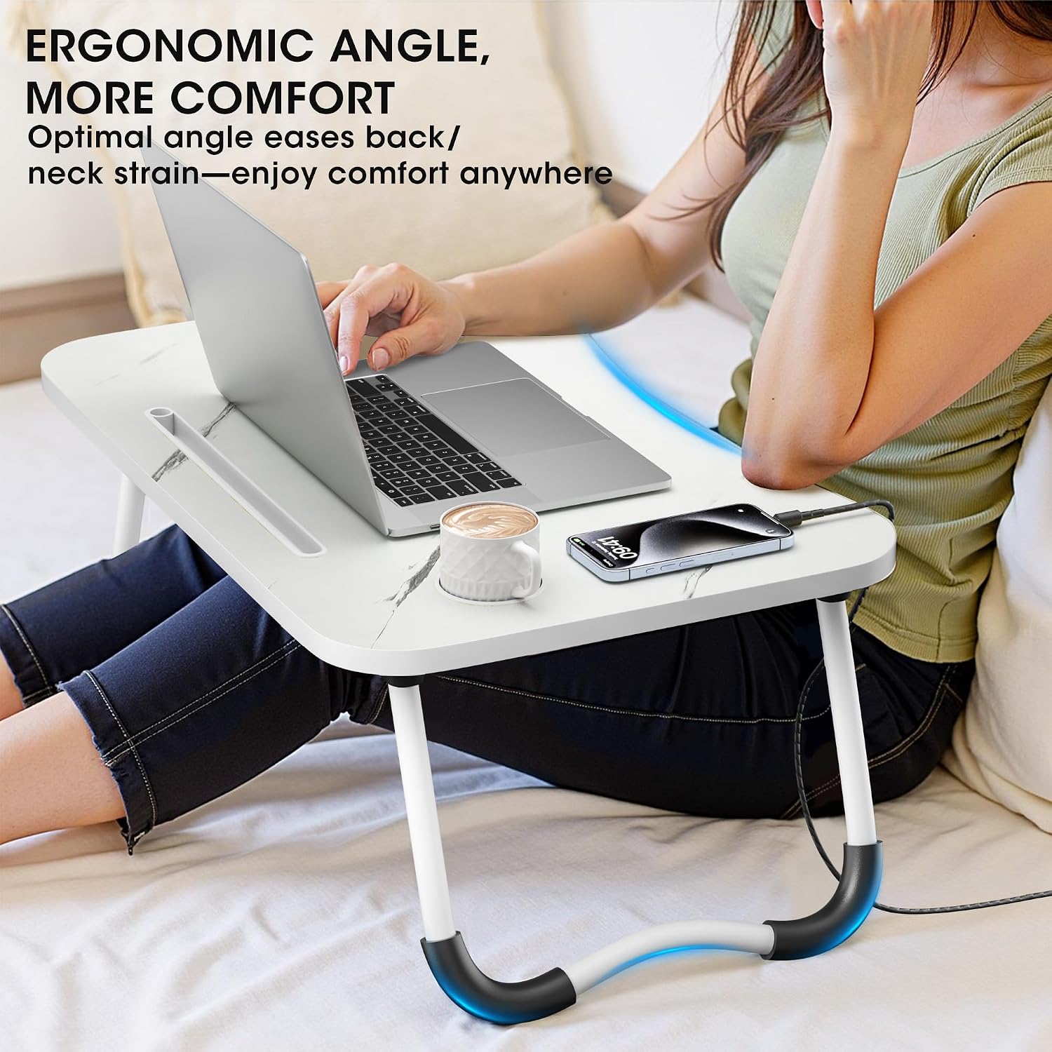 Detalle 2 de Frpufi LD006 Folding Lap Desk, 23.6-Inch Wood Surface with Cup Holder