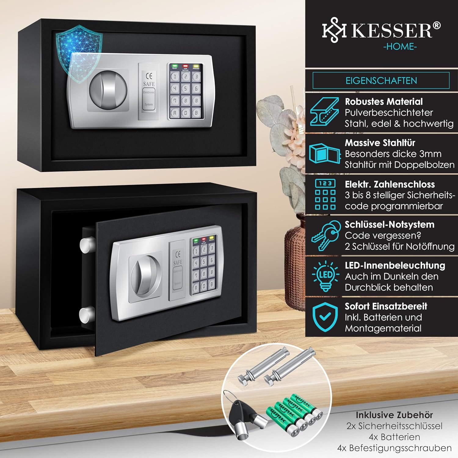 Thumbnail 1 de KESSER Elektrischer Tresor 31x20x20 cm – Wand- oder Möbel-Tresor mit LED-Anzeige und Doppelbolzenverriegelung