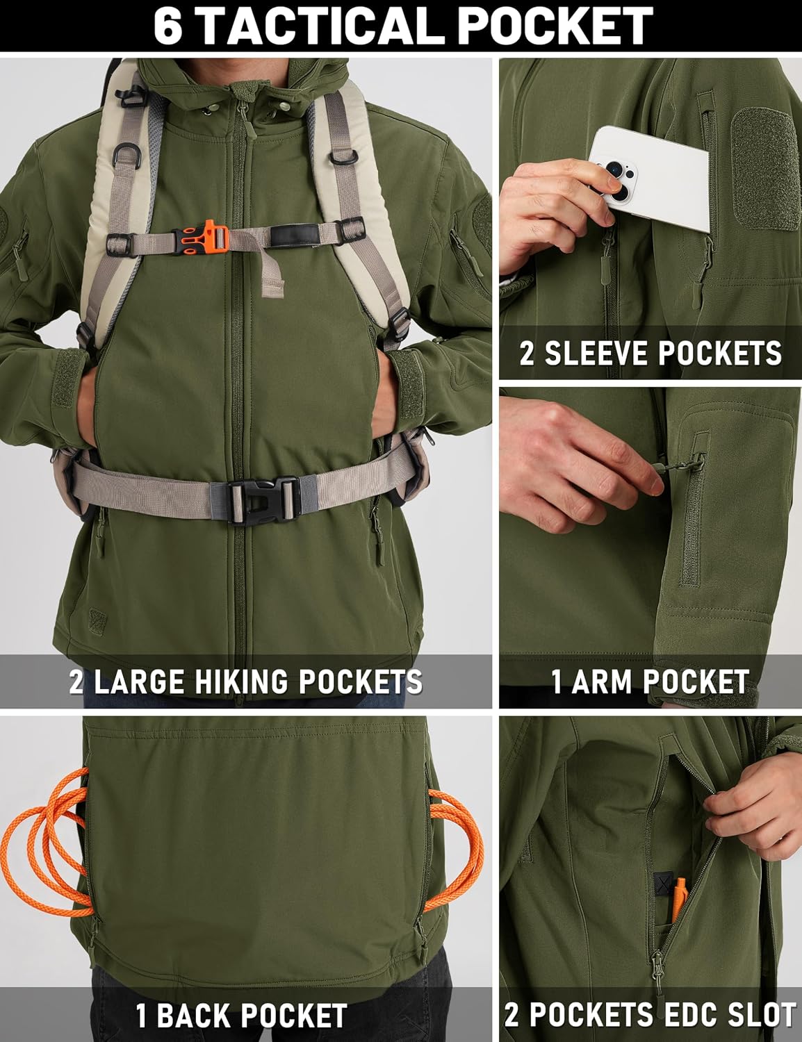 Detalle de TACVASEN XLTJ-73 Men's Tactical Soft Shell Jacket, Hooded, Waterproof and Fleece-Lined