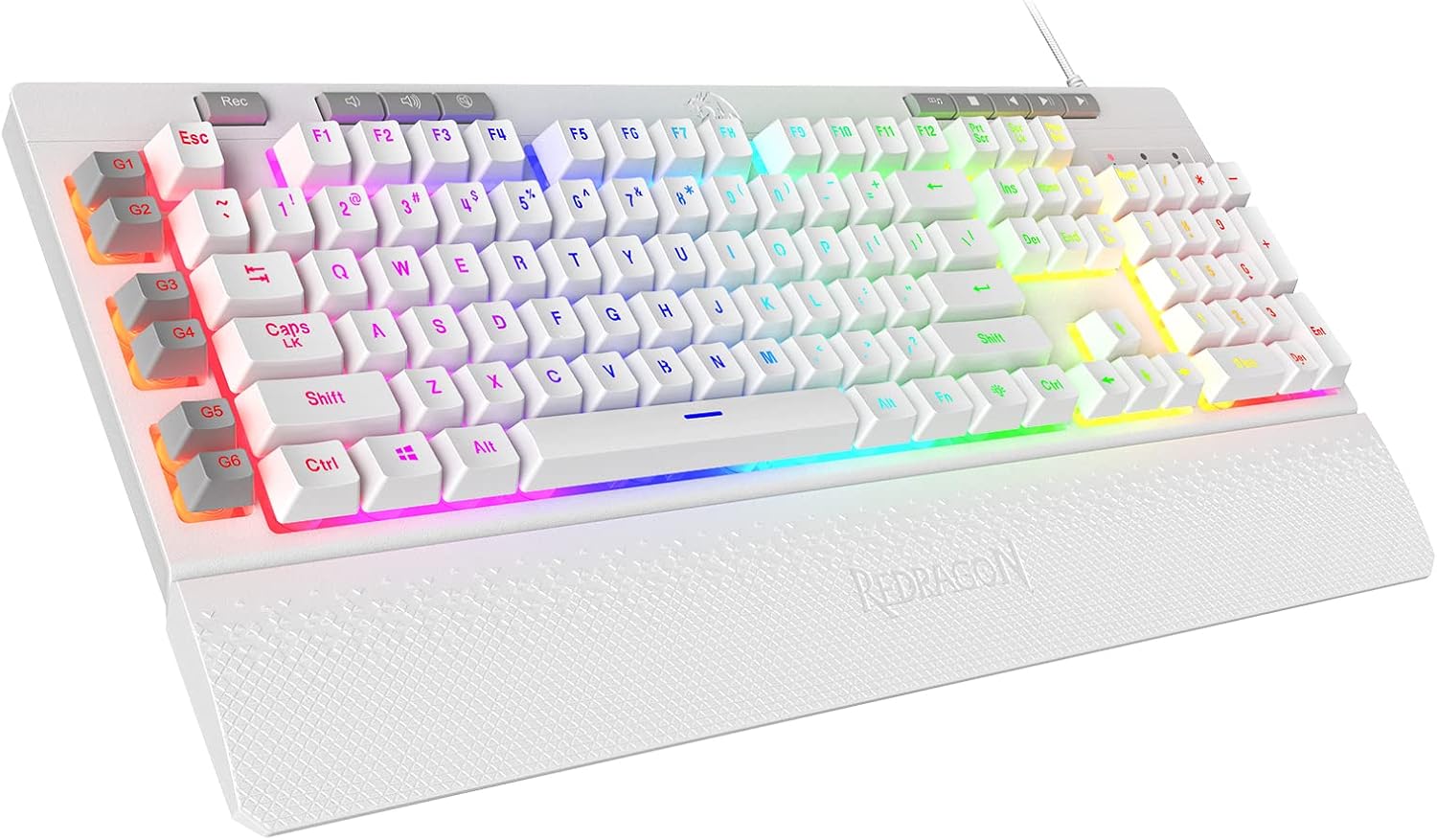 Detalle de Redragon K512 Shiva US-Layout weiße Membran-Gaming-Tastatur – RGB, Makros & abnehmbare Handballenauflage