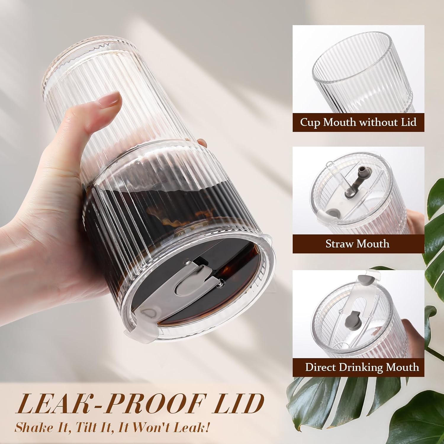 Detalle 2 de Ribbed Glass Iced Coffee Cups with Lids, Straw & Leak-Proof Design (Set of 4) – 20oz Tumblers