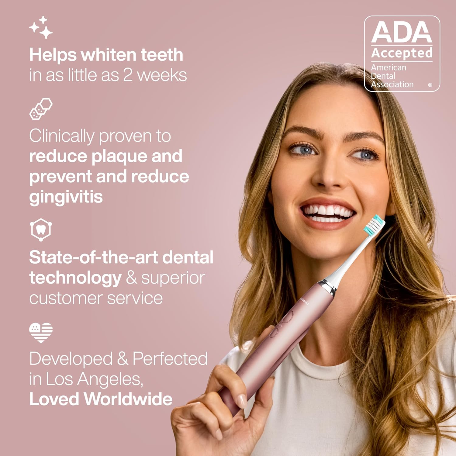 Detalle de Aquasonic Vibe Series Ultra Whitening Electric Toothbrush (ADA Accepted) with 8 Brush Heads & Travel Case, Smart Timer & Wireless Charging – Satin Rose Gold