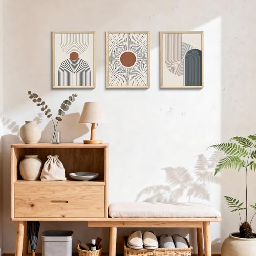 Detalle de FajerminArt – Conjunto de 3 cuadros geométricos 30×40 cm con marco beige y azul
